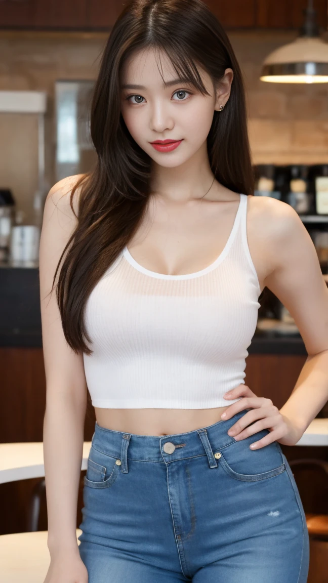 Cinematic Photo of a beautiful korean fashion model, 20 years old, perfect body, perfect skin, loose long hair, micro curls, tight jeans, white crop top, sitting in movie theater，Super huge breasts，Cleavage，Smile
