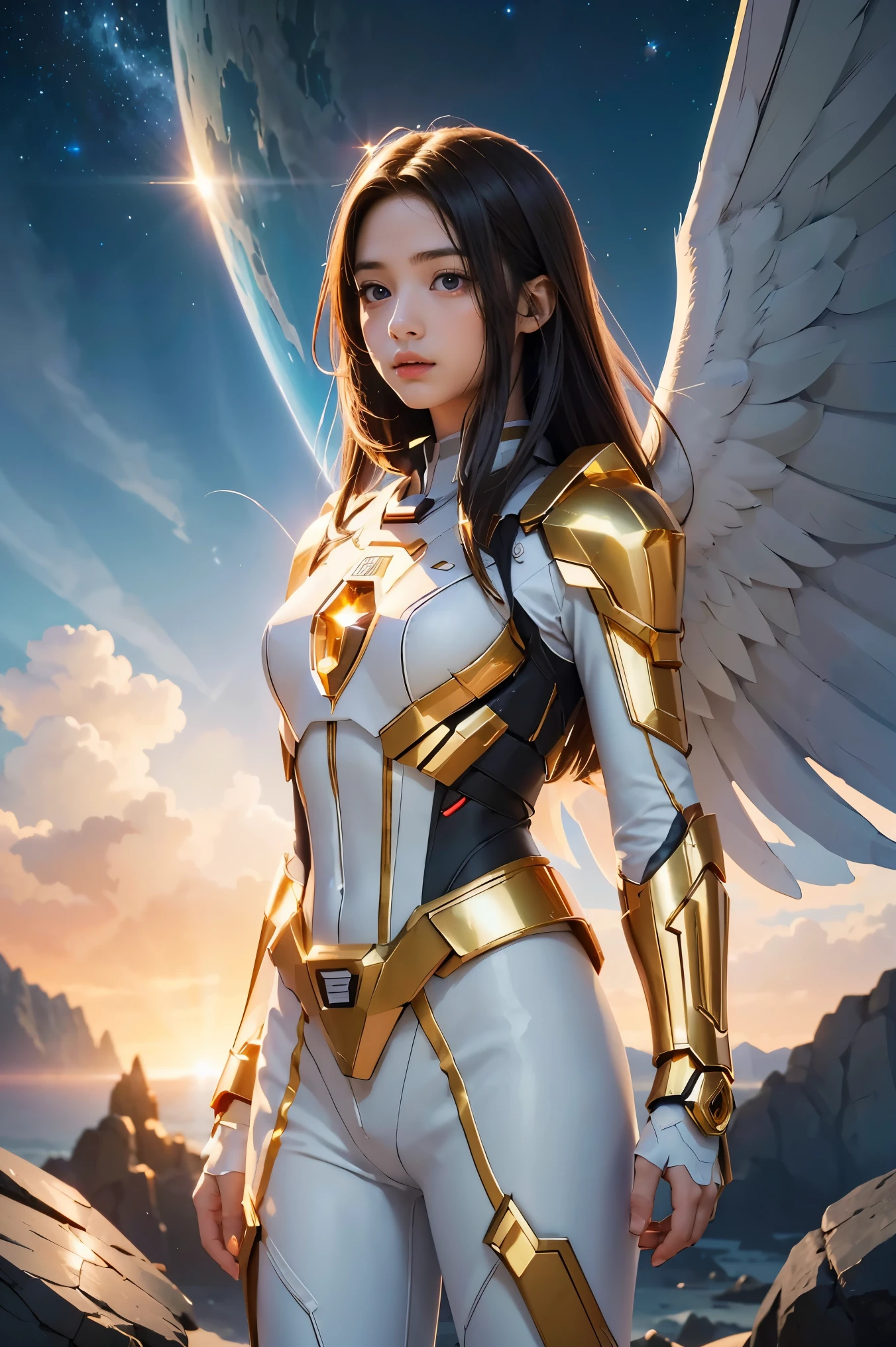 ((masterpiece, best quality, extremely detailed), volumetric lighting, ambient occlusion, colorful, glowing), 1girl, solo, young girl, (dark hair), long hair, halo, aura, sacred, goddess, cleric suit, (white outfit with gold detailst:1.3), armor, outdoors, sunset, sky, clouds, space, (fantasy theme:1.2),ม 1girl, full body, Illustration, cinematic light, high resolution, best quality, ultra-detailed, masterpiece, power suit, powerranger, suit, spd,
