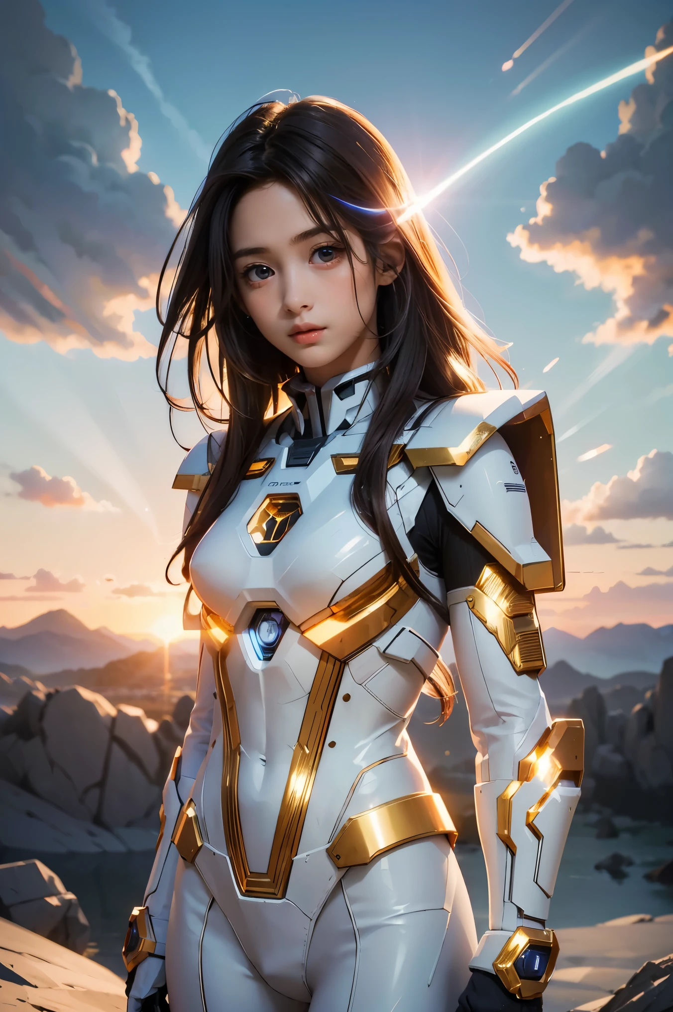 ((masterpiece, best quality, extremely detailed), volumetric lighting, ambient occlusion, colorful, glowing), 1girl, solo, young girl, (dark hair), long hair, halo, aura, sacred, goddess, cleric suit, (white outfit with gold detailst:1.3), armor, outdoors, sunset, sky, clouds, space, (fantasy theme:1.2),ม 1girl, full body, Illustration, cinematic light, high resolution, best quality, ultra-detailed, masterpiece, power suit, powerranger, suit, spd,
