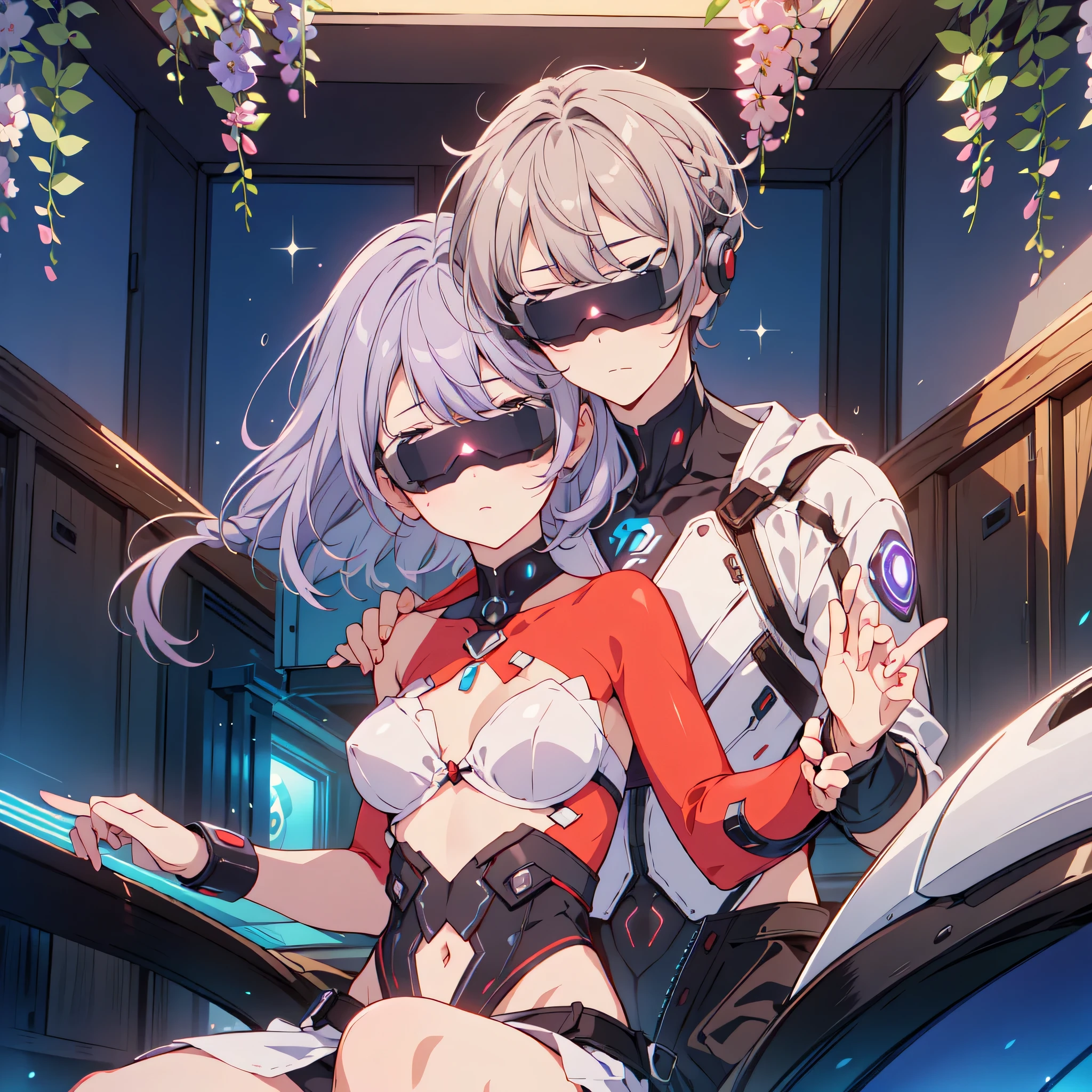 Man and woman couple、yinji,highest quality、Masterpiece、Official Art、The best light source、The best composition、Super detailed、super beautiful、16k、Super detailedな目、Wisteria trellis background、Picture Frame、Picture Frameに紫のLEDライト、indirect lighting、cyberpunk future beautiful girl、Long double braids、Purple hair color with milky white gradation inner color、Sparkling、A couple riding on a futuristic vehicle、Beautiful boy、A girl is riding behind the boy, holding his arm from behind、cyber punk、Head Mounted Display, Head Mounted Display, Head Mounted Display,