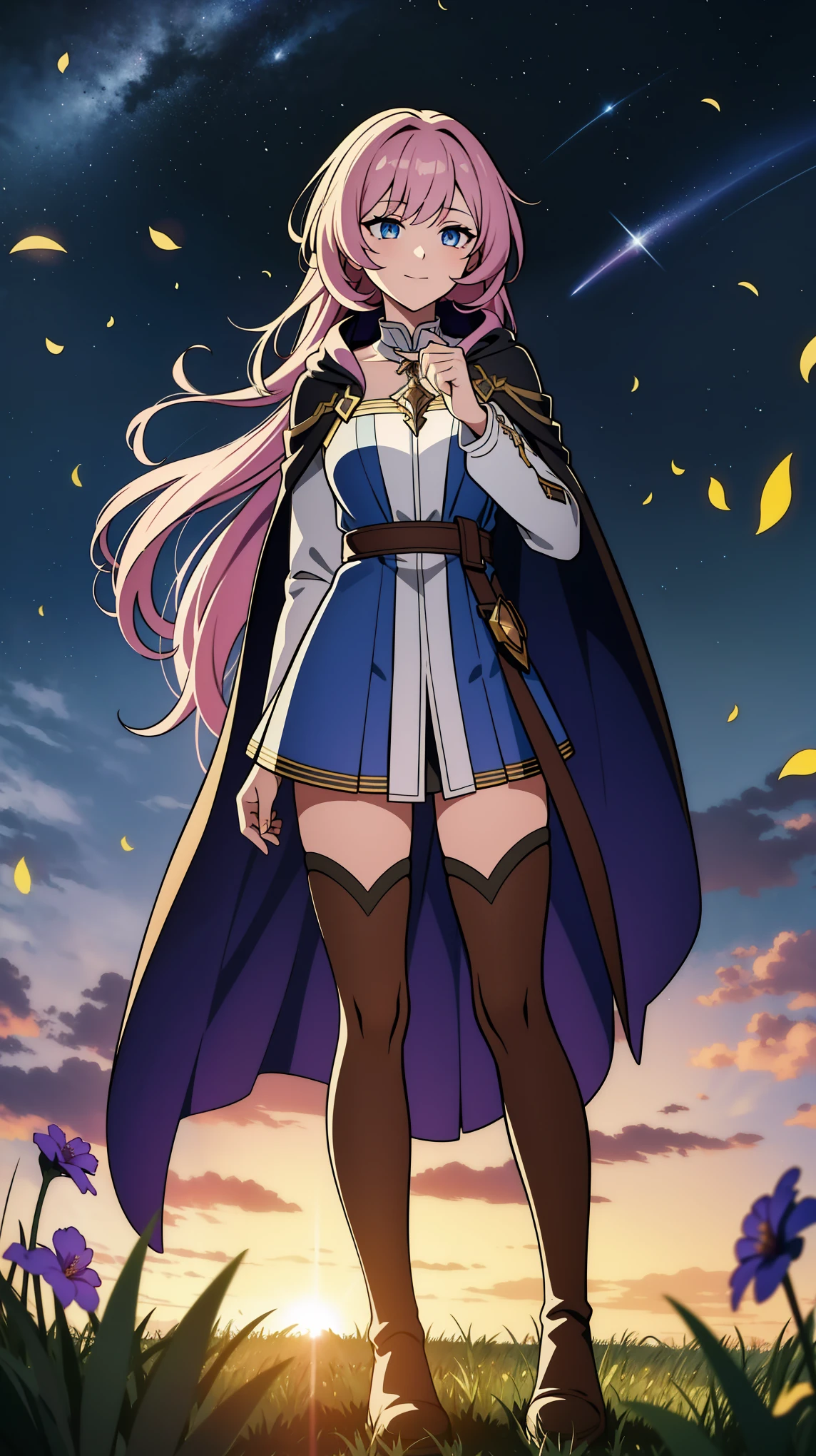 (high-quality, breathtaking),(expressive eyes, perfect face) portrait, 1girl, female, solo, young , black and pink hair, pink eye color, long hair length, soft wavy hair, gentle smile, loose hair, side bangs, looking at viewer, portrait, full shot, happy expression, ribbon in hair, flower in hair, fantasy clothing, elegant, mature, height 4"3, adventurer attire, druid attire, warlock profession, short height, Dungeons & Dragons character, jacket, dress, cape, Firefly Honkai Star Rail Character, flower petals, Firefly, starry sky, dawn in the distance, shooting stars, backgroound, flower field, scenary, cloudy sky, grass, trees, flower petals, leafs, white flower, field, blue flower, standing in field of flowers, boots, black thigh socks, druid, plant muse



