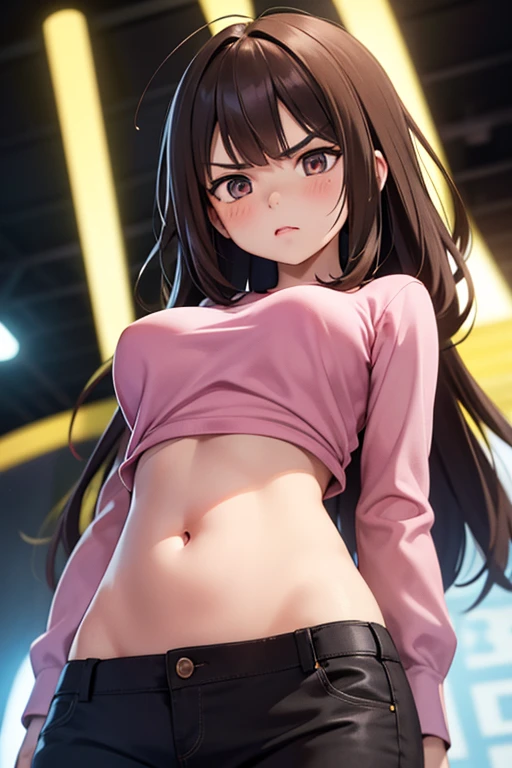 super fine illustration, vibrant colors, masterpiece, sharp focus, best quality, depth of field, cinematic lighting, ultra detailed, collarbone, t shirt, short sleeves, MILF, 1 woman, solo, midriff, tummy, belly button, large navel, kitchen, ceiling, close up, looking down, medium breasts, curly hair, long hair, skirt, pearl necklace, makeup, dark brown hair,