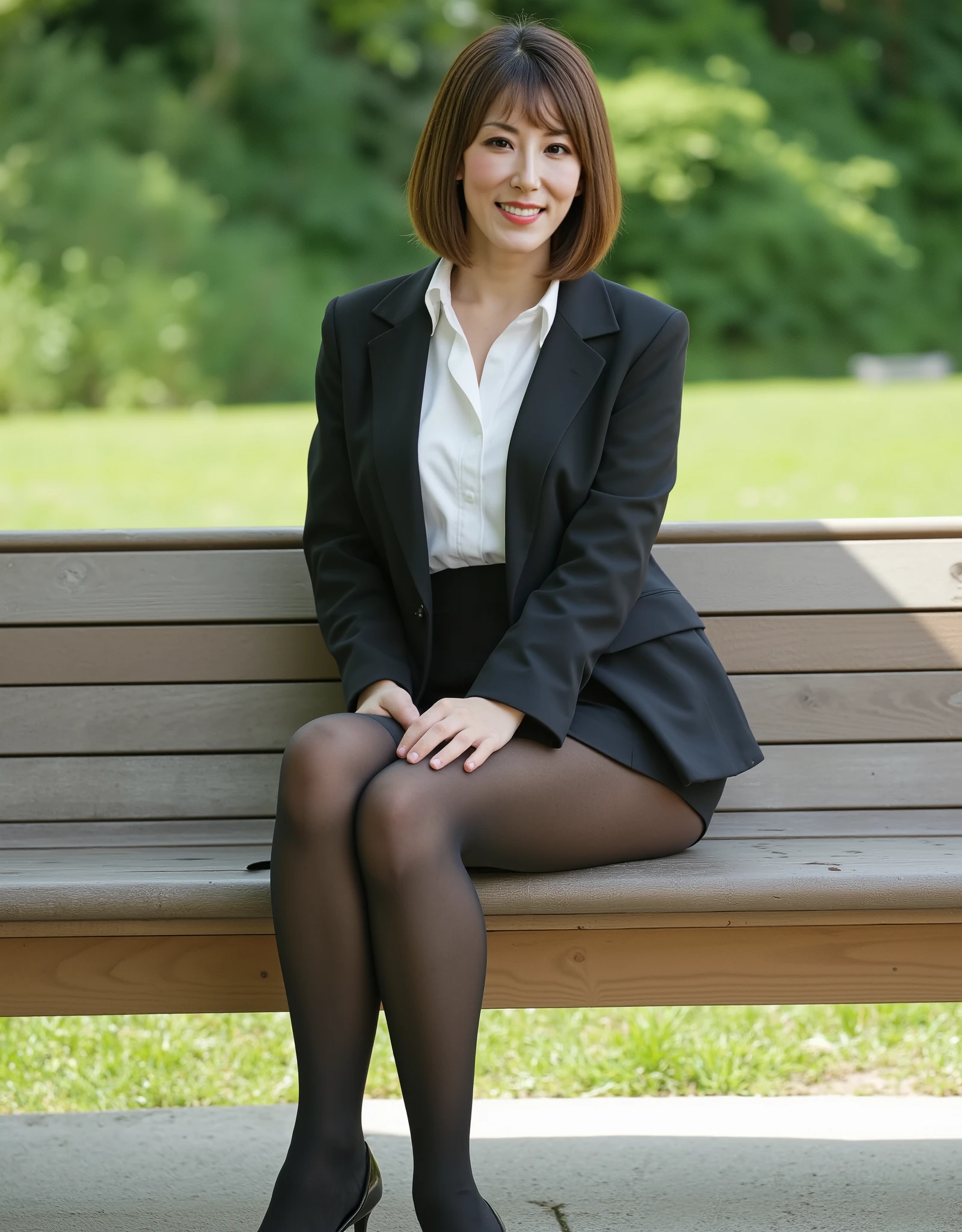 Highest quality、8k、masterpiece、Ultra-high resolution、Clear photos、Professional Lighting、Natural light、Realistic,、Highly detailed skin、Perfect Anatomy、One Woman、30 years old、Baby Face:1.6、Large Breasts、(Large areola)、Large erect nipples:1.2、Glamour、Very short bob hair:1.8、Brown Hair:1.8、Beautiful Hair、Thin legs、smile、Office Suits、Luxury Suits、(Perfect Pantyhose:1.2)、(Black jacket)、(Tight mini skirt)、at the park、Sit on a bench、(Skirt Lift:1.5)、Sit with your legs apart、Exposed thighs、