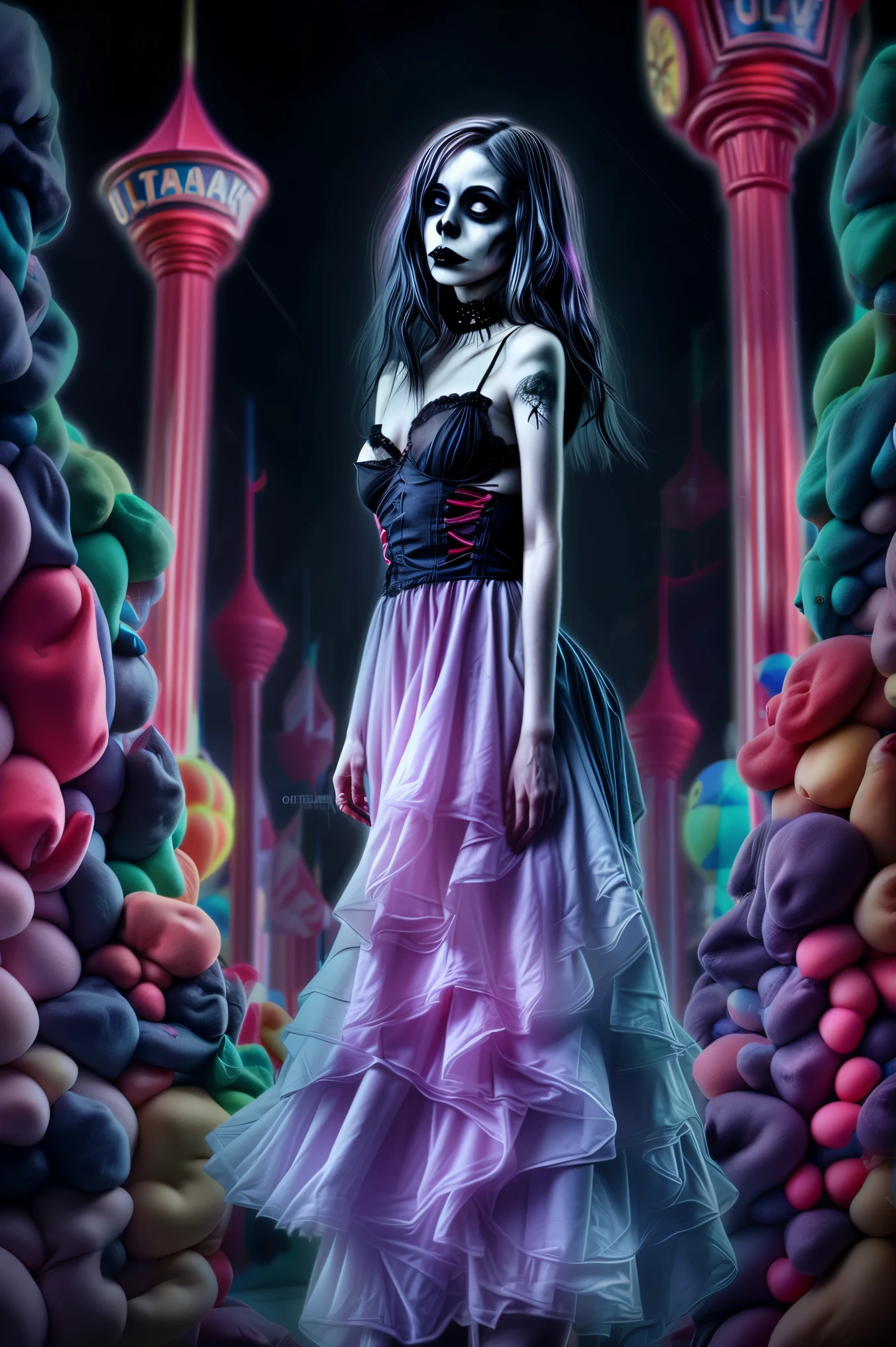 Let the lora pastel goth dark circus effect and change the image. Ultradetailed, ultra realistic, photo realistic