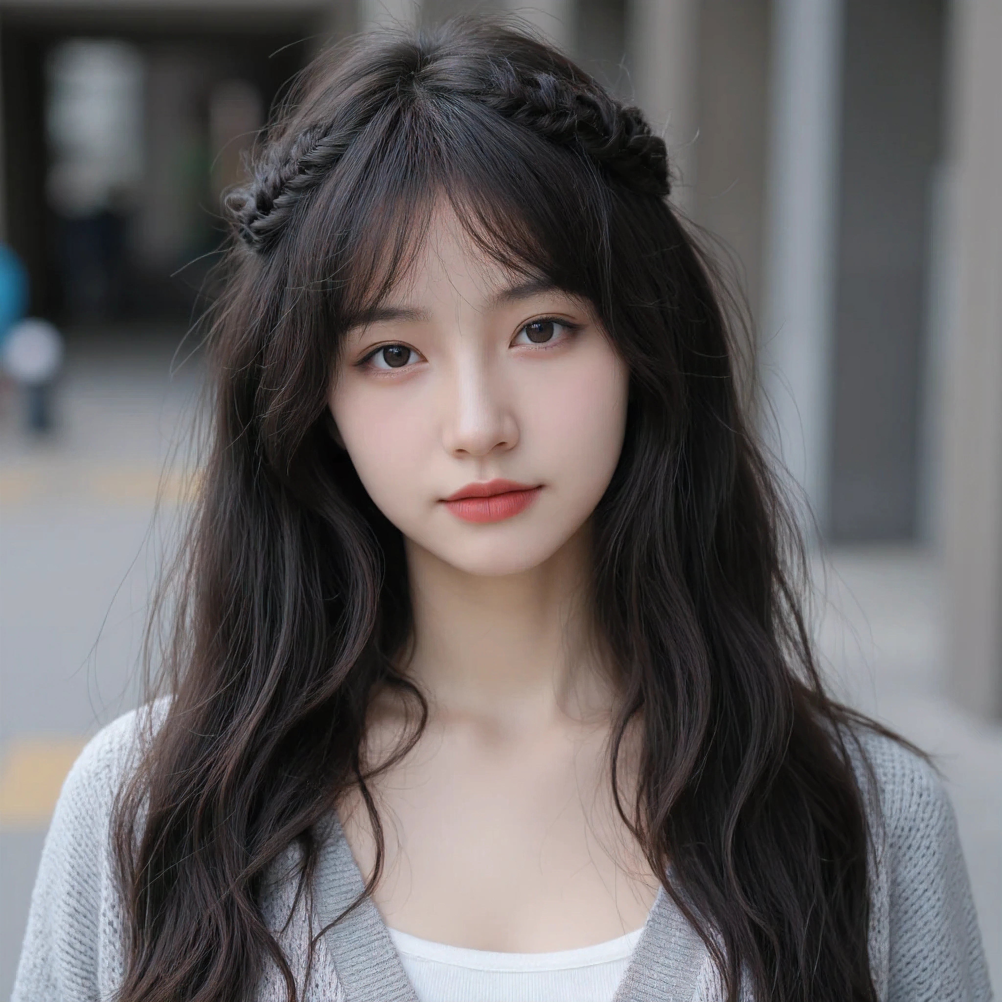 "Close-up view of a young Asian girl with a sophisticated and intricately styled hairstyle. Her long, flowing hair is adorned with delicate, interwoven braids that crown the top of her head, blending seamlessly into loose, voluminous waves cascading down her shoulders. Two elegant 'whisker-like' strands softly frame her face, adding a charming and distinctive feature. Her bangs are airy, layered, and slightly parted, giving a soft, ethereal look. The overall hairstyle combines complexity and elegance, with subtle highlights enhancing the texture and detail. She wears a soft, light gray cardigan layered over a simple white blouse, the cardigan's texture clearly visible. The natural light enhances her radiant skin and intricate hairstyle, while the blurred background focuses all attention on her timeless beauty and graceful appearance."