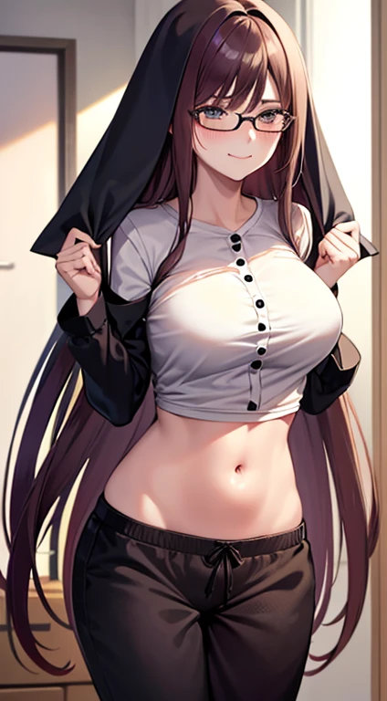 Masterpiece, highres, high Quality, detailed face, detailed body render, 1girl, solo, hyuuga hinata, medium breast, blue pants, purple jacket, pink lips, pink lipstick, unzipped, breasts out, no bra, standing, blushes, pink kissed, (on bedroom)