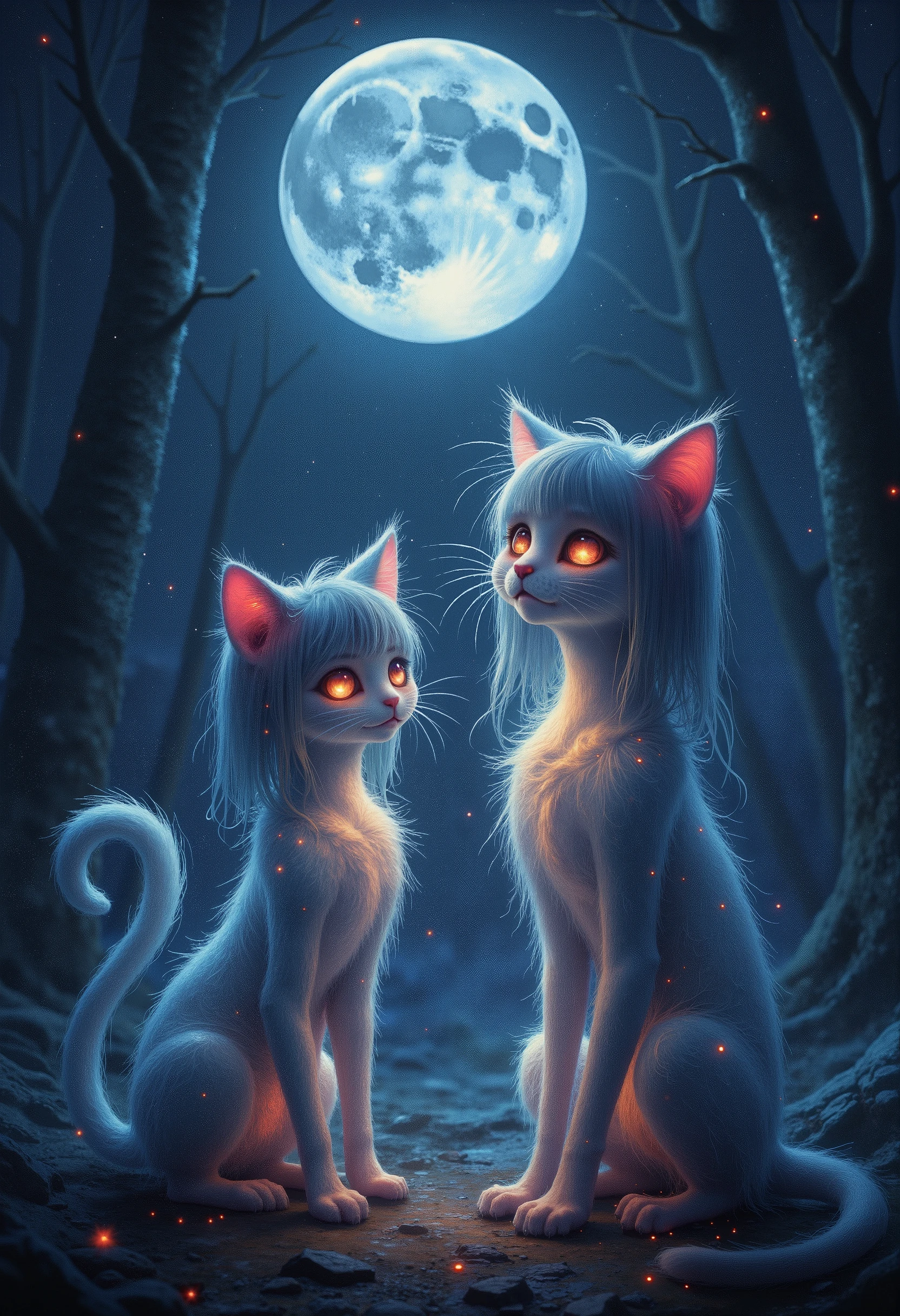 looking incredibly pretty cat girls with cute innocent frightened faces, purple highlight, emitting light, night atmosphere with moonlight,Illumination with bright moonlight,slender figure,glowing red veins, pale skin, large glowing black and red cat eyes, long ash-colored hair with bangs