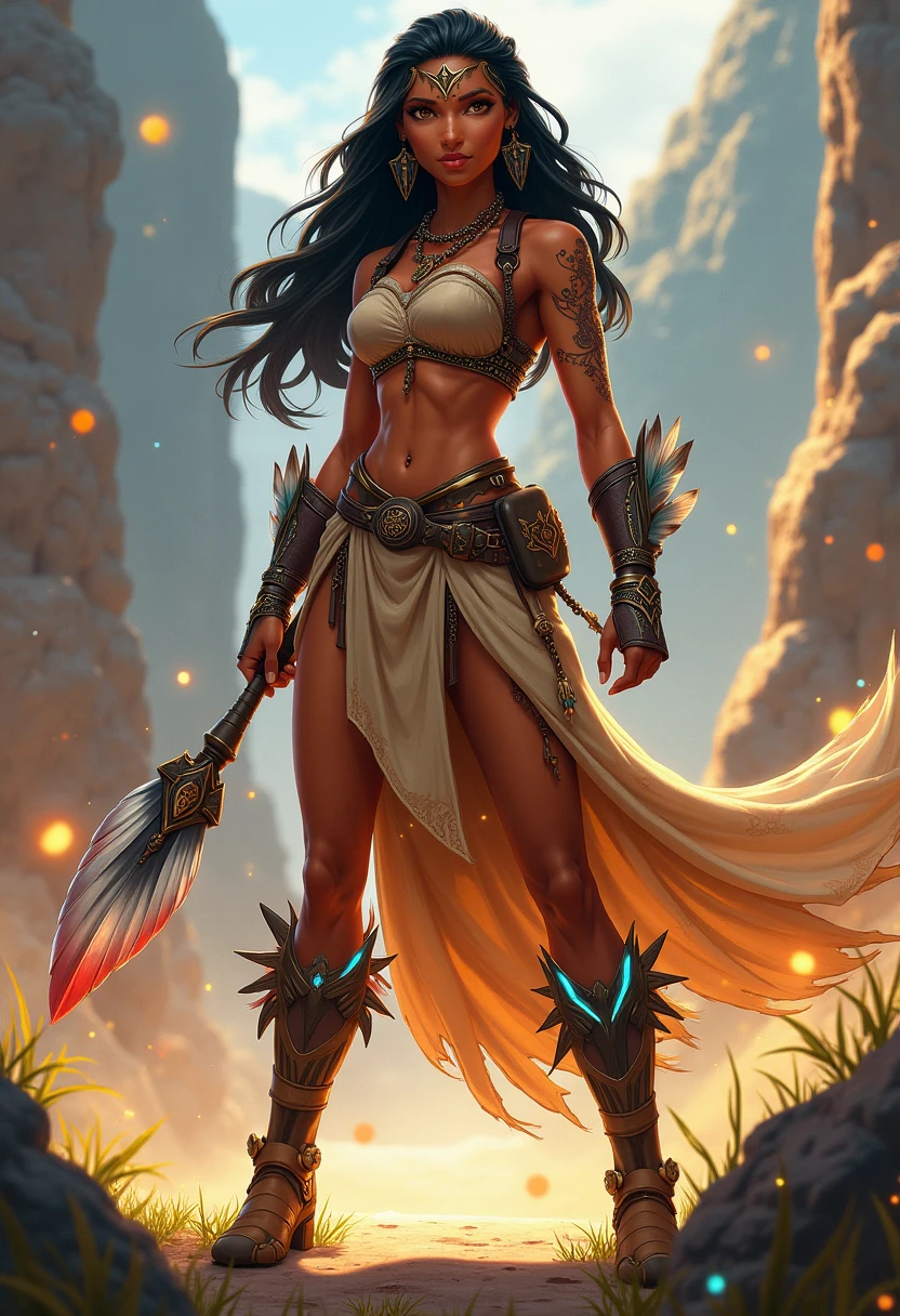 Amazon woman warrior, digital artwork, bold lines, vibrant, saturated colors , full body, barefoot