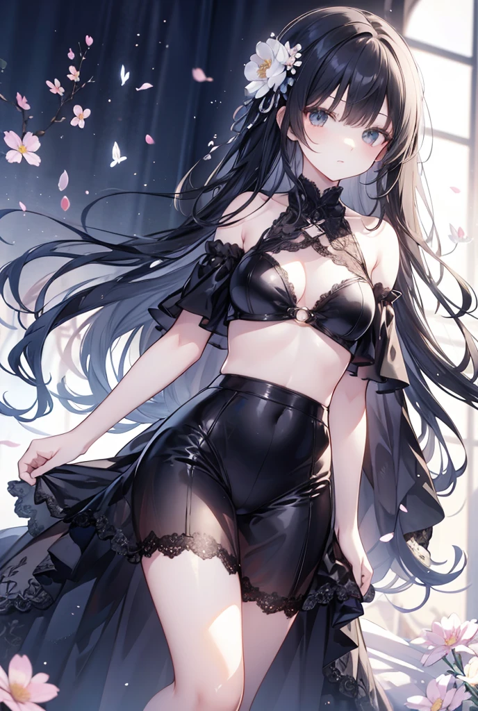 (Highly detailed CG、Unity、8K painting wallpaper)、(Very delicate and beautiful)、(masterpiece)、(Highest quality:1.0)、(超High resolution:1.0)、Beautiful lighting、Realistic Shadows、[High resolution]、Detailed skin、Super detailed、Detailed face and eyes、Realistic eyes、Sharp pupils、Medium Wolf Hair、beautiful girl、Slanted Eyes、Shiny skin、Dark hair color、Jade green eyes、Small breasts、One Cool Lady、Navel Clothes、Cold Stare、Cool clothes