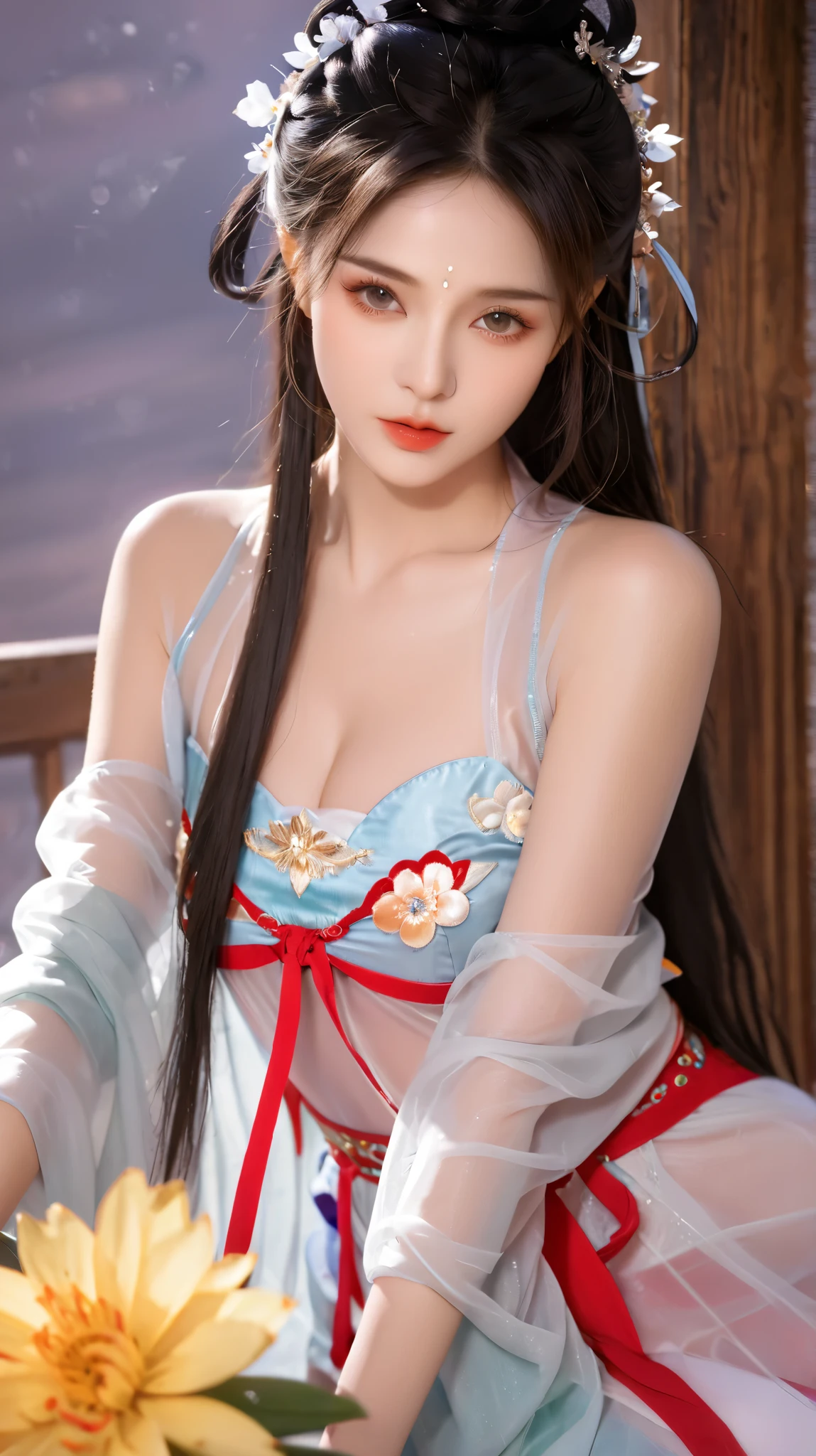 ( masterpiece,Super Fine, best quality:1.5),(8K,CG,illustration:1.4),(perfect-composition, exquisite and beautiful face,Cleansing the skin,Photographic Skin , shiny skin, shiny hair , Photography Hair, Extremely Detailed Eyes ,scrape,Uncensored,Ultra detailed background:1.2),(***Hot Girls:1),, Cowboy Shoots S4Kur4 ,transparent,safflower dress,Sleeveless,safflower,spring,
red tulle hanfu