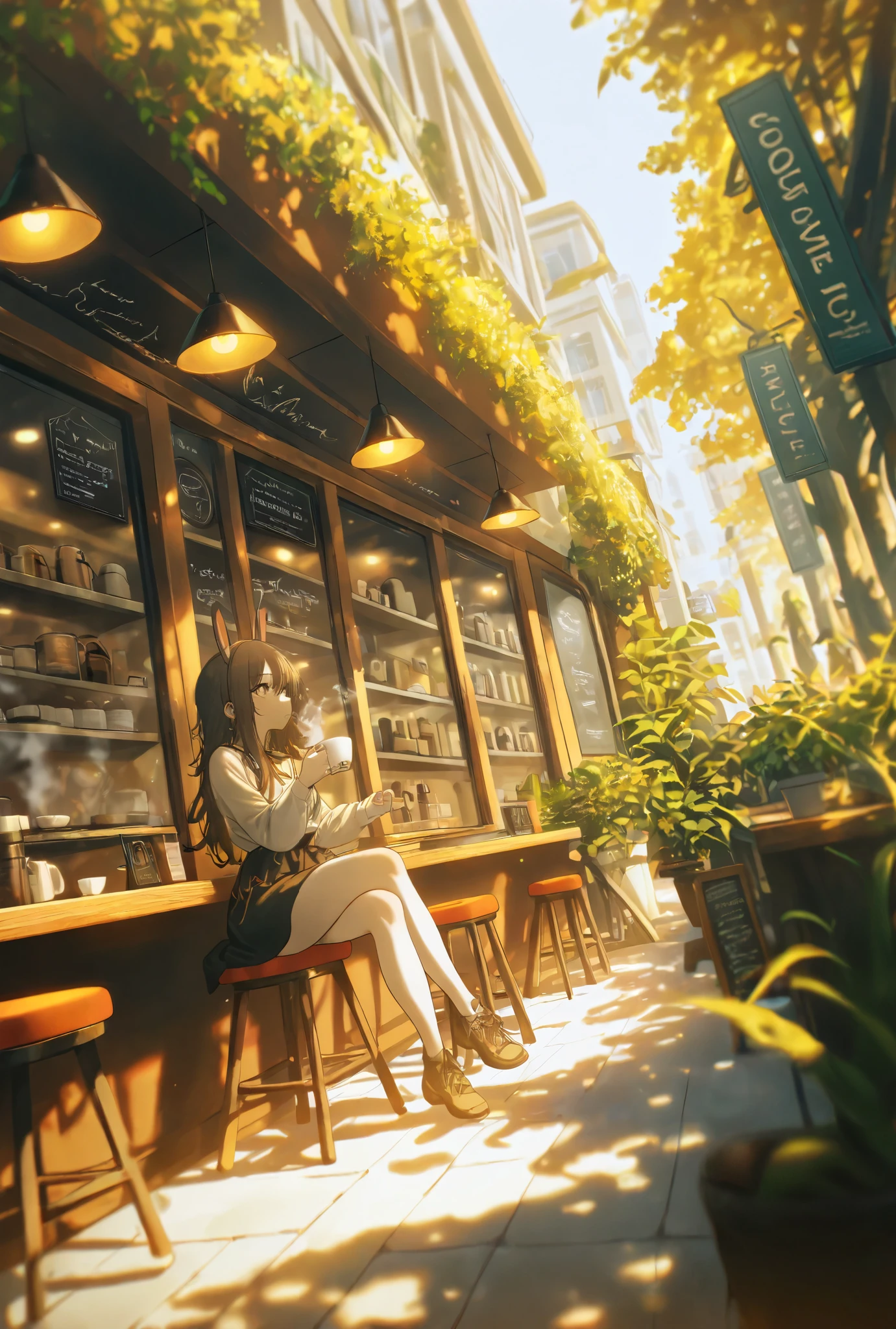(konya karasue:1.2), 1girl, bunny girl, scenery, wide shot, photograpy,outdoors, dynamic pose, cafe, sitting, holding cup, steam from cup, looking afar, thinking, day, sunlight, perspective, dappled sunlight, sharp shadow,dutch angle, long shot, depth of field, crossed legs,
,masterpiece,best quality,amazing quality,