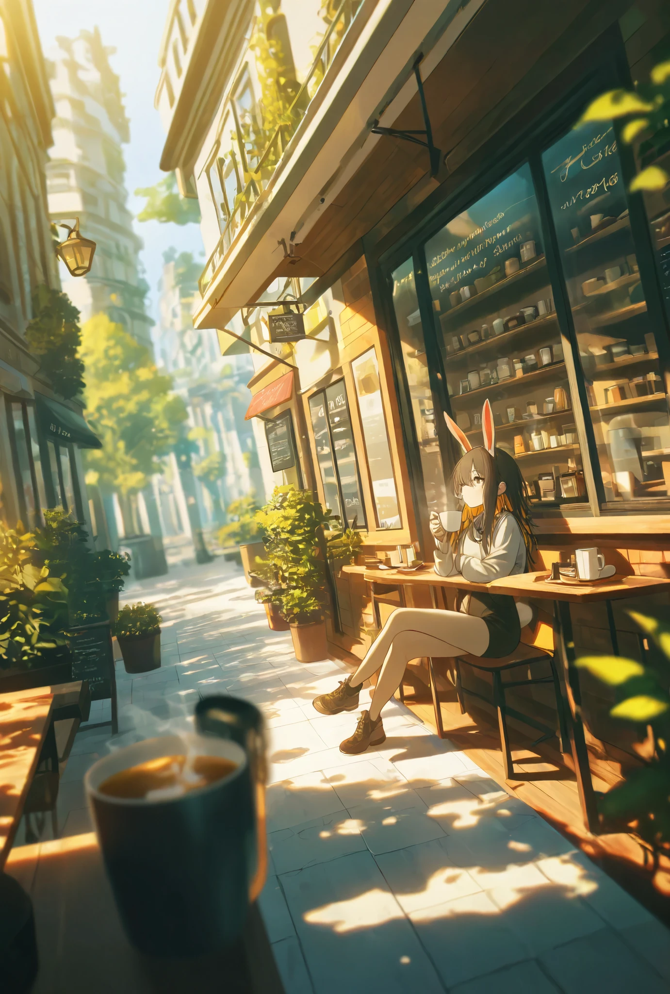 (konya karasue:1.2), 1girl, bunny girl, scenery, wide shot, photograpy,outdoors, dynamic pose, cafe, sitting, holding cup, steam from cup, looking afar, thinking, day, sunlight, perspective, dappled sunlight, sharp shadow,dutch angle, long shot, depth of field, crossed legs,
,masterpiece,best quality,amazing quality,