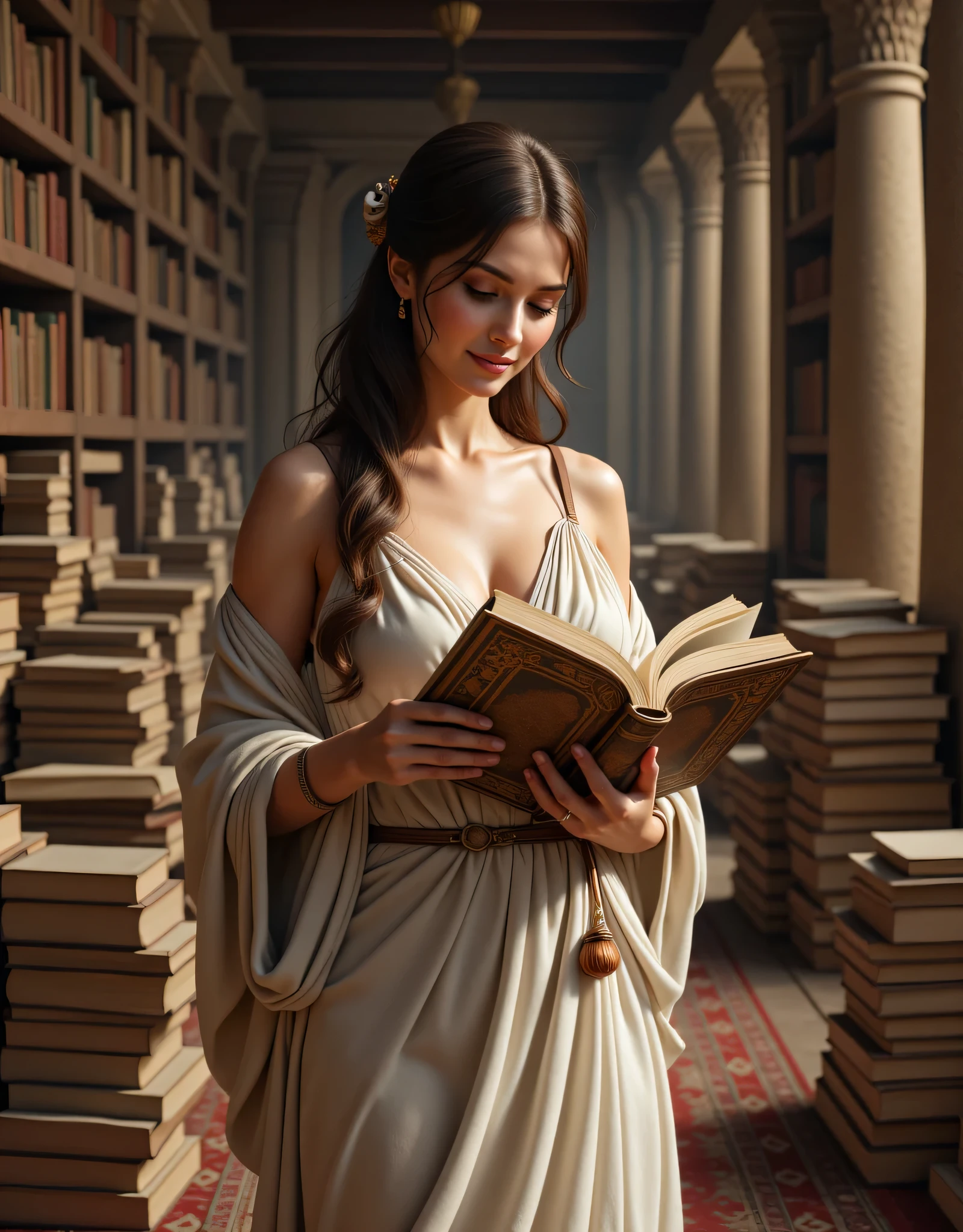A hyper-realistic ultra wide scenery image shot of a prehistoric beautifully anciently greek female scholar reading loads of anciently books in front of her, symmetrically balanced in image composition. The beautifully ancient scholar is depicted in a full body angle view, showcasing her lively, lusciously vivacious, and shapely body. She is wearing a realistic cultural greek long toga dress. The scene includes a well-rounded prehistoric greek female scholar holding read on a big size of ancient books, and smiling. The background features anciently library with central leading lines, creating a sense of depth on ultra-wide angle. The image has UHD ambience, with a zoomed-out perspective, realistic textures, soft lighting, and a wide-angle view. The scholar's hands are accurately detailed with full human finger anatomy, and her hair is shiny and lifelike. The overall style is reminiscent of Far Cry 5 game artwork, with additional details and body fixes applied. The combination of influenced of SandalPunkAi Artwork and BronzePunkAi Artwork. Breasts. (Soft lighting concept).