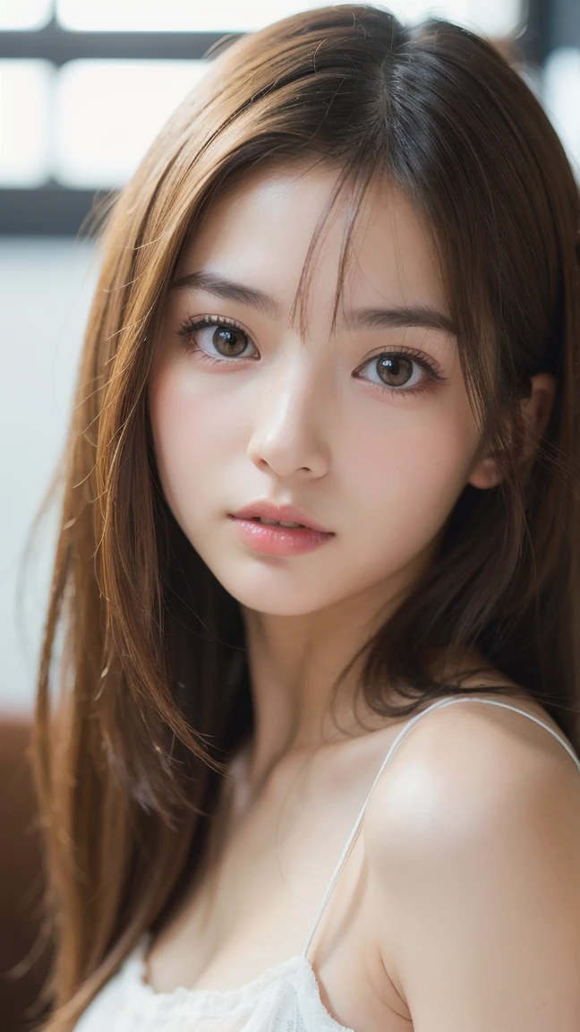highest quality, table top, ultra high resolution, (realistic:1.4), Raw photo, 1 girl, Hide your breasts with your hands, sparkling eyes,long pony hair, indoor, Summer day,fine eyes,(realistic eyes),delicate face,real skin,thin hair,fine skin,beautiful face,smile、