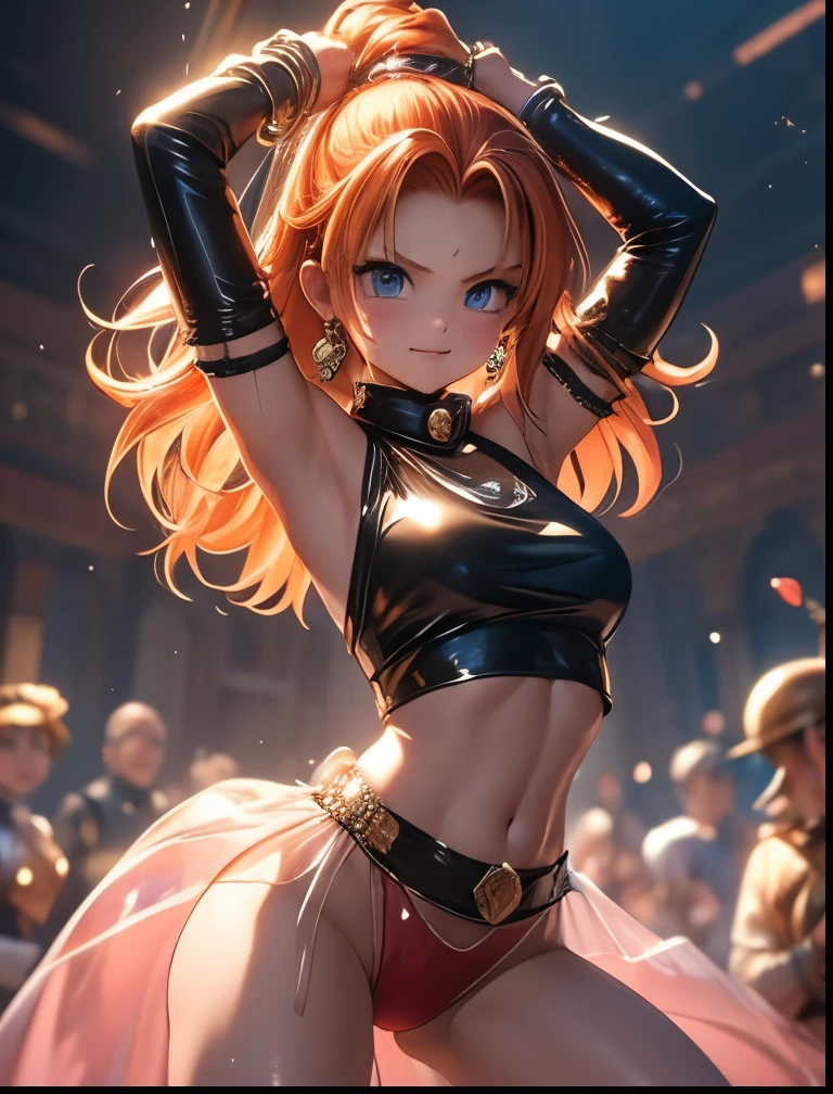 (((masterpiece))), (((highest quality: 1.4))), ((Super Detail: 1.4)) ,Gorgeous exotic features, Amber neon eyes:1.5, Orange Hair, Highly detailed facial features, Detailed Texture, Blue skin tone, Tattoo, Natural Skin Shader, Warm shades beneath her skin, Ultra-high resolution,(panties),(((Large Breasts,Small waist))),(((whole body))),Striking a random pose,(Erect nipples)