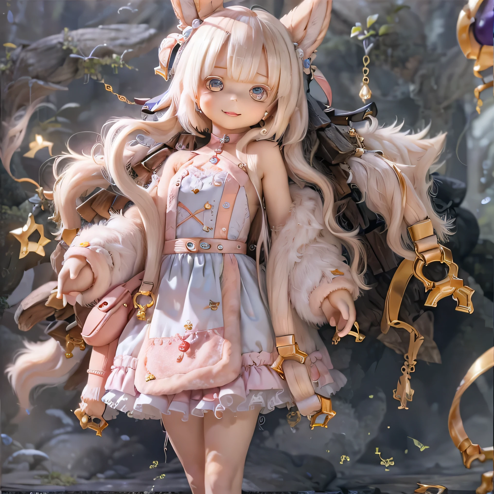 in the garden, smile, Photorealistic rendering with a warm and bright atmosphere . Similar to a forest setting , it combines , beautiful eyes and lips . ((( Photorealistic renderings similar to Chibi character styles ,))) . image quality is excellent , Illumination highly detailed and realistic features that create a warm and bright atmosphere . The medium of this work is、 I created an illustration .. The colors are vivid、 illumination、 Made in Abyss 、use 。 whole body((((( cute pink dress ))))) cute pose