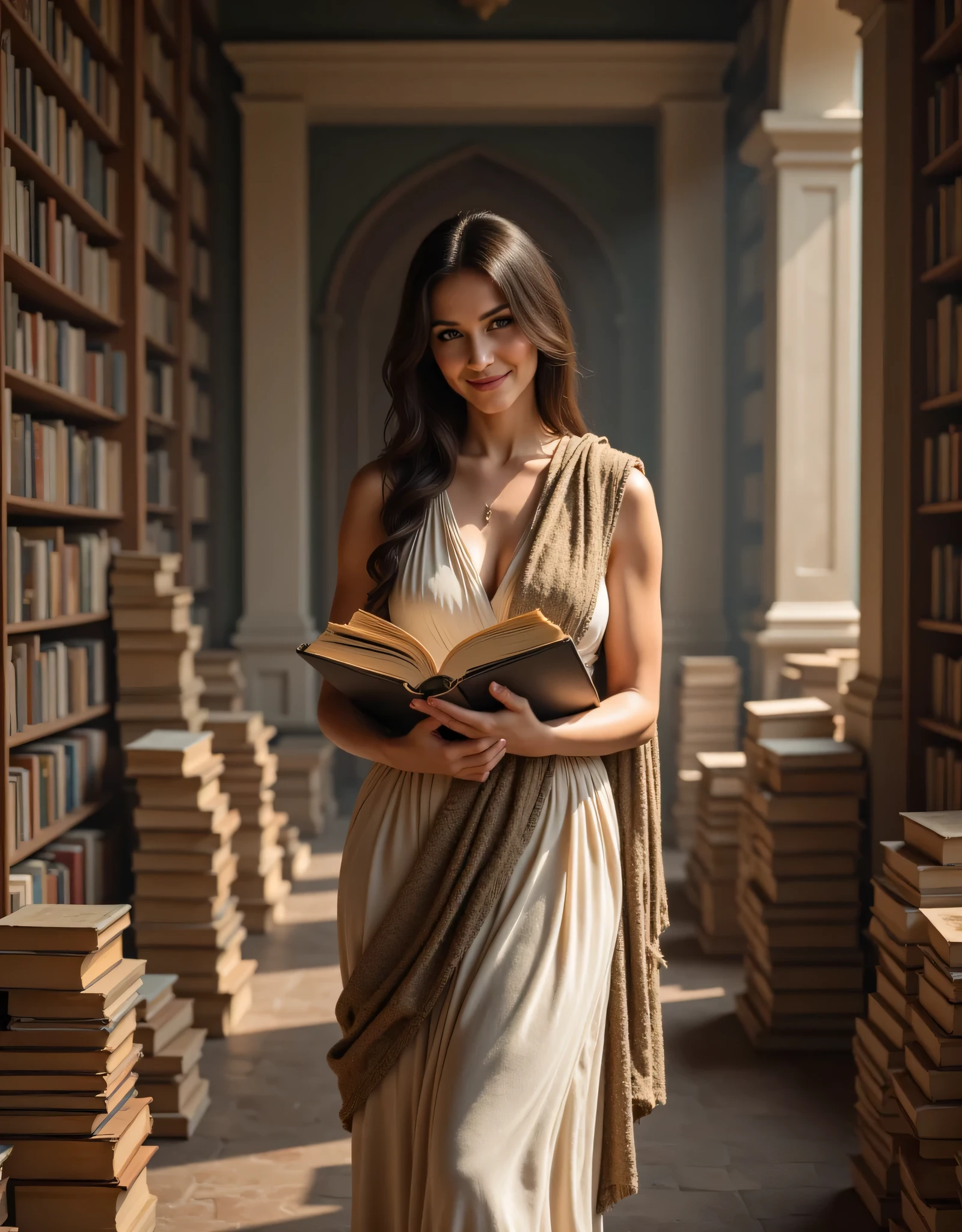A hyper-realistic ultra wide scenery image shot of a prehistoric beautifully anciently greek female scholar reading loads of anciently books in front of her, symmetrically balanced in image composition. The beautifully ancient scholar is depicted in a full body angle view, showcasing her lively, lusciously vivacious, and shapely body. She is wearing a realistic cultural greek long toga dress. The scene includes a well-rounded prehistoric greek female scholar holding read on a big size of ancient books, and smiling. The background features anciently library with central leading lines, creating a sense of depth on ultra-wide angle. The image has UHD ambience, with a zoomed-out perspective, realistic textures, soft lighting, and a wide-angle view. The scholar's hands are accurately detailed with full human finger anatomy, and her hair is shiny and lifelike. The overall style is reminiscent of Far Cry 5 game artwork, with additional details and body fixes applied. The combination of influenced of SandalPunkAi Artwork and BronzePunkAi Artwork. Breasts. (Soft lighting concept).