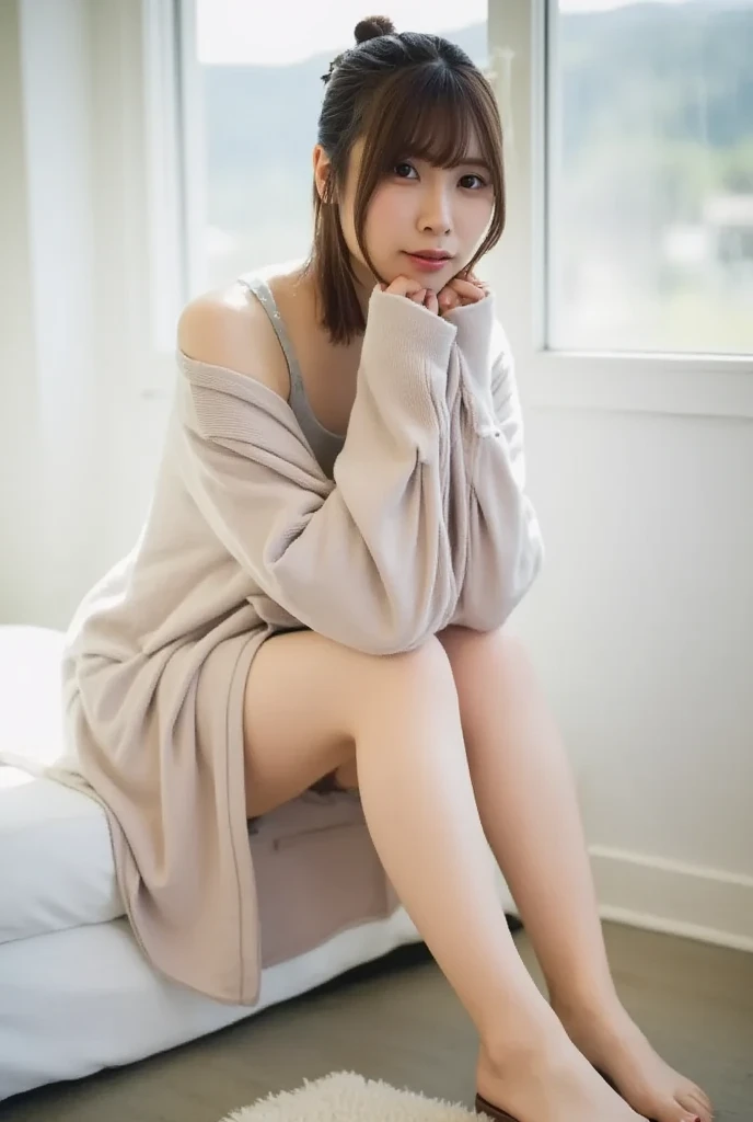 Bird's eye view, The  Korean girl is very cute.(Tie me up.)(full body)(Good shape) Full range, slightly white, Sit on the sofa and wrap small elements. of light-colored tape all over her body., Raise both arms., hands separated. The background is blurred throughout the area.