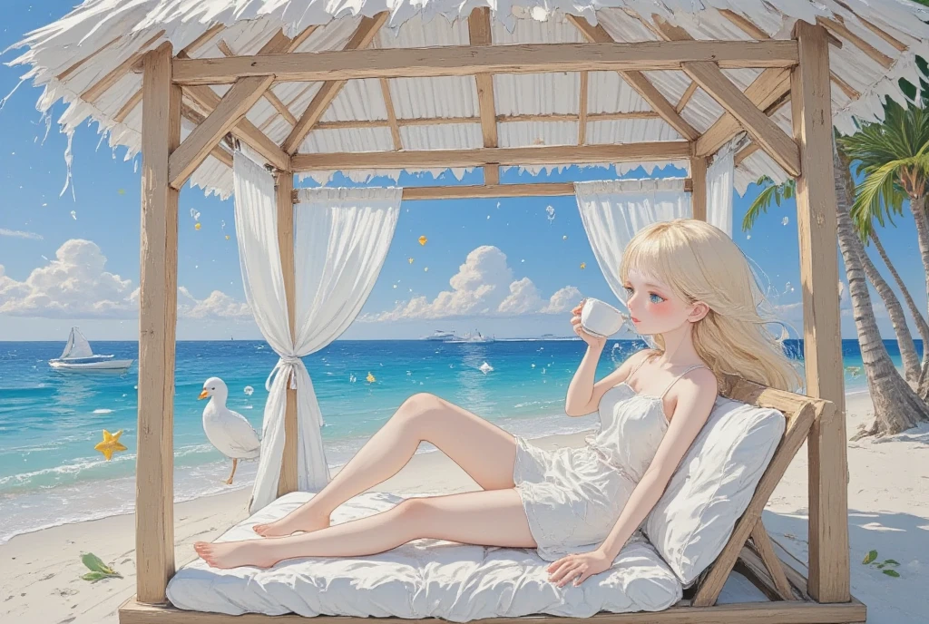 On the beach by the sea,The golden sun shines on the delicate and white sand,The waves gently lapping against the rocks,Bring out a cool sea breeze。Seagulls soar in the air,There is a small boat moored quietly on the sea。Clouds in the sky come in different shapes,Dense and soft like wool。The whole picture creates a peaceful and laid-back atmosphere,It's heart-wrenching