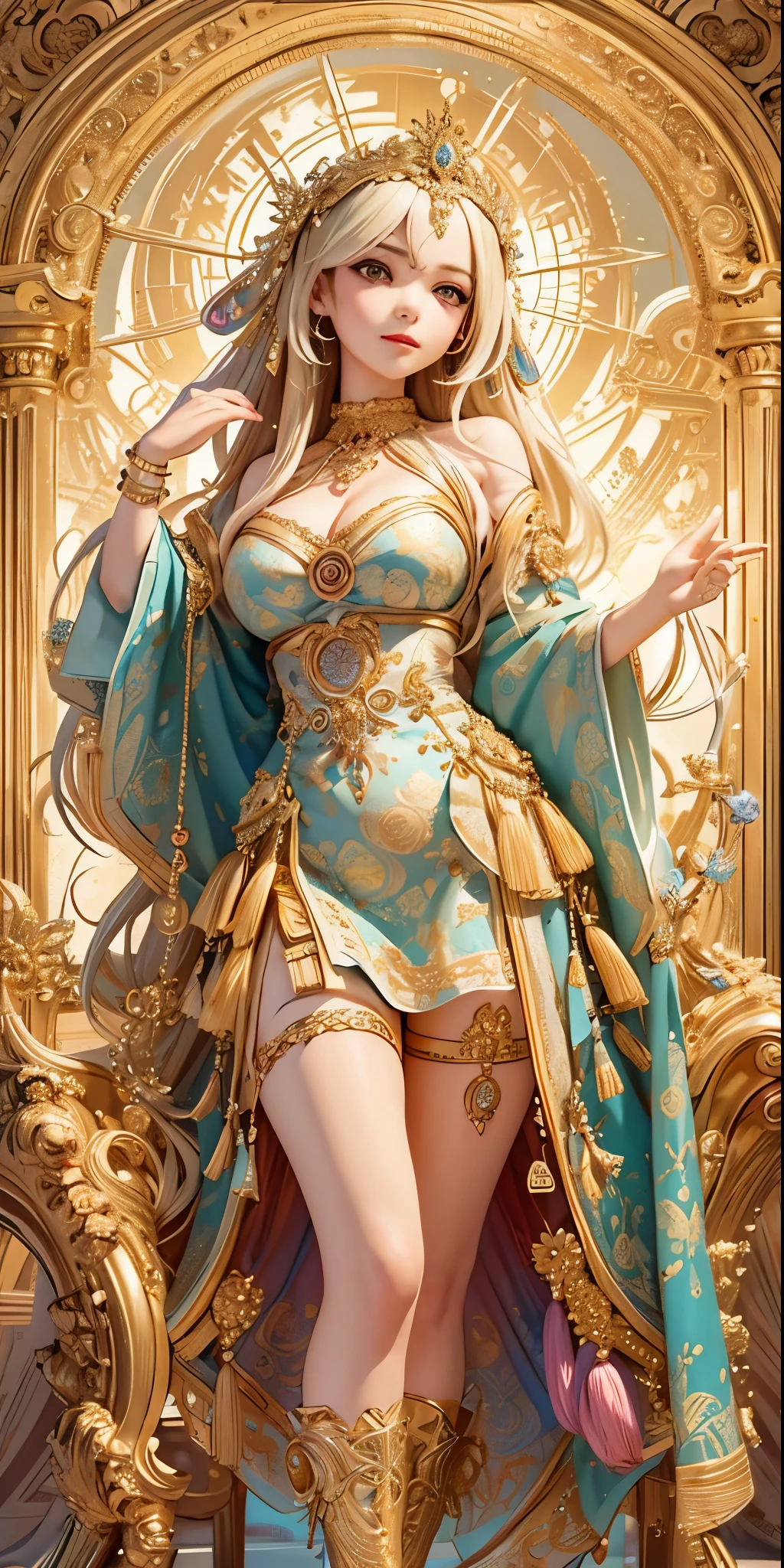 (Masterpiece, Top Quality, Best Quality, Official Art, Beauty and Aesthetics: 1.2), (1girl), (Smile 1.1) (Full Body Stand Posture, Extreme Detail) Extreme Detail, Ceramic Luster Texture, Highest Detail, Official Art, Unified 8k Wallpaper, Ultra Detailed, Beautiful and Aesthetic, Beautiful, Masterpiece, Best Quality, (zentangle, mandala, tangled, entangled), height 180cm, Holy Light, Gold Leaf, Gold Leaf Art, Flash Drawing, PerfectNwsjMajic , (sexy erotic art)