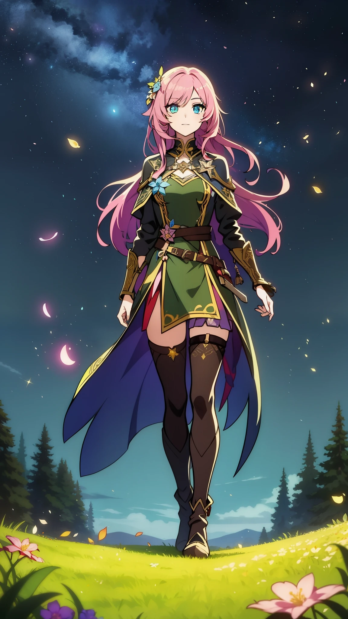 (high-quality, breathtaking),(expressive eyes, perfect face) portrait, 1girl, female, solo, young , black and pink hair, pink eye color, long hair length, soft wavy hair, gentle smile, loose hair, side bangs, looking at viewer, portrait, full shot, happy expression, ribbon in hair, flower in hair, fantasy clothing, elegant, mature, height 4"3, adventurer attire, druid attire, warlock profession, short height, Dungeons & Dragons character, jacket, dress, cape, Firefly Honkai Star Rail Character, flower petals, Firefly, starry sky, dawn in the distance, shooting stars, backgroound, flower field, scenary, cloudy sky, grass, trees, flower petals, leafs, white flower, field, blue flower, standing in field of flowers, boots, black thigh socks, druid, plant muse