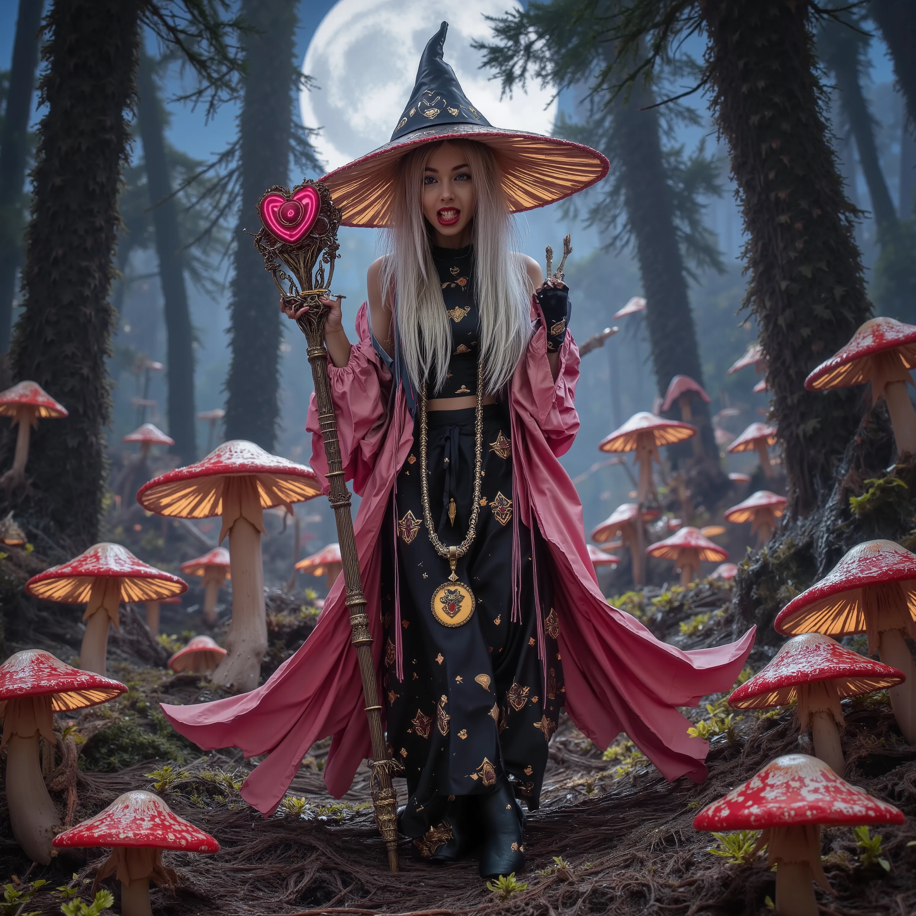 the mushroom sorcerers (cute, age 20, sexy mushroom themed gown with arcane symbols, mushroom hat, magic staff) is leading a horde of short Mushroom goblins into the enchanted forest, mystical moonlit night