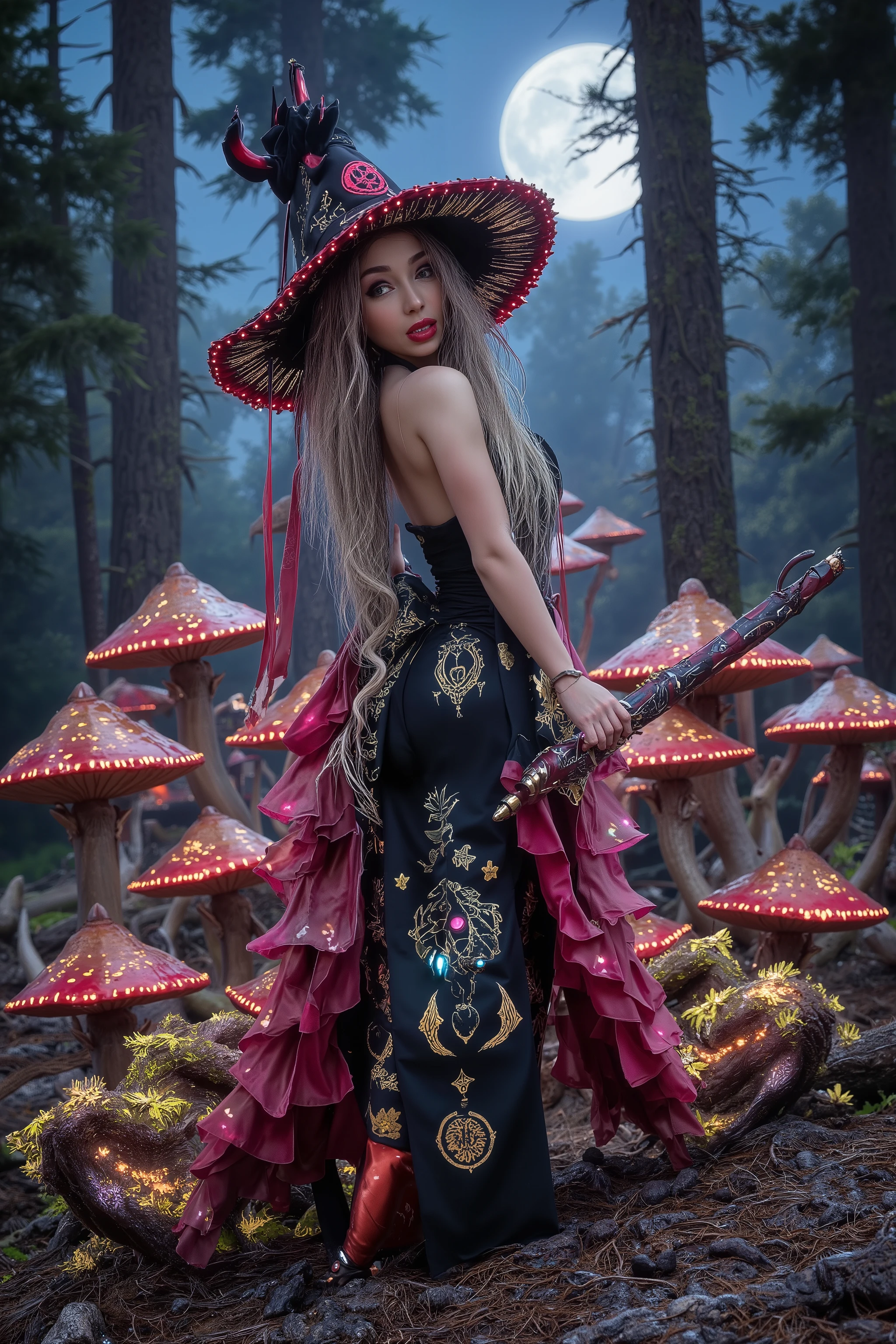 the mushroom sorcerers (cute, age 20, sexy mushroom themed gown with arcane symbols, mushroom hat, magic staff) is leading a horde of short Mushroom goblins into the enchanted forest, mystical moonlit night
