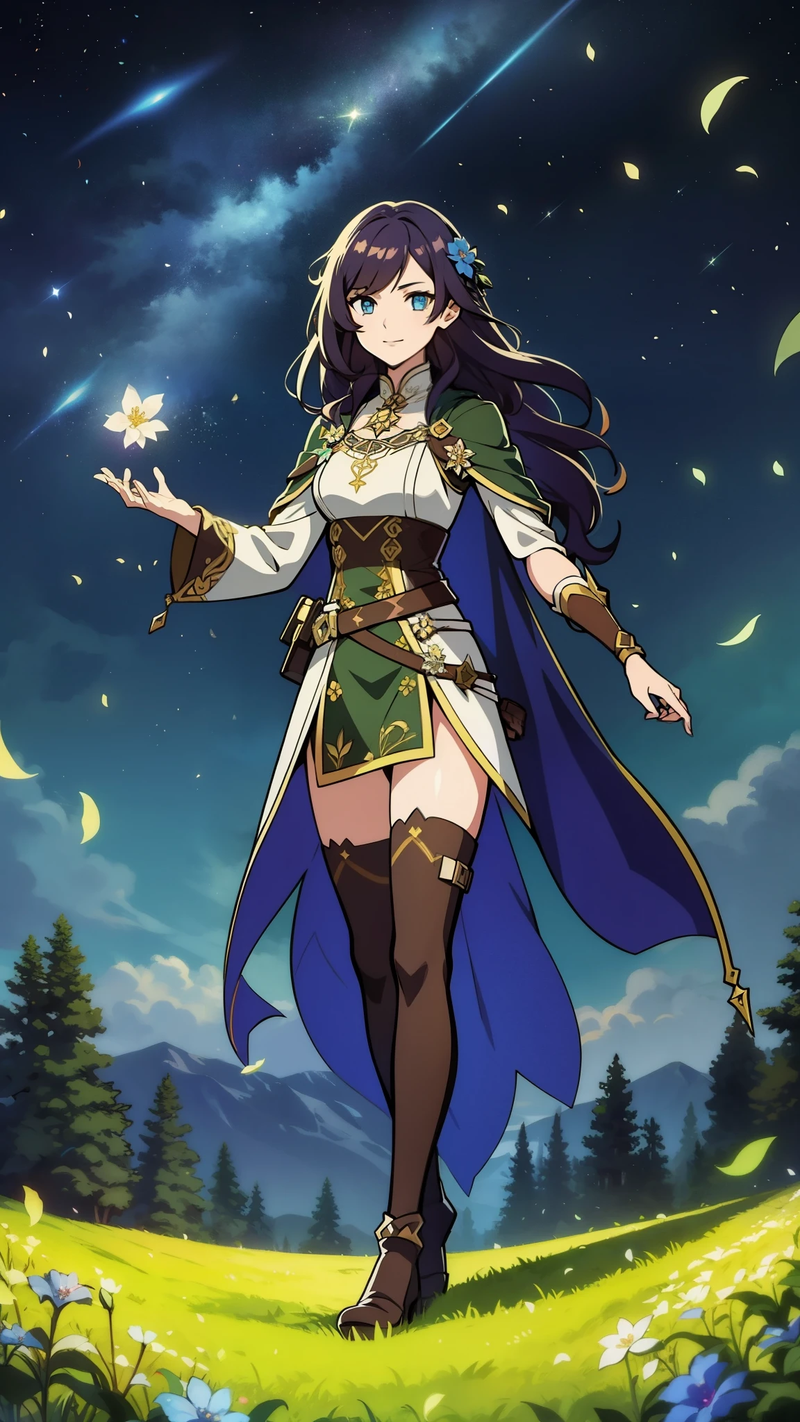 (high-quality, breathtaking),(expressive eyes, perfect face) portrait, 1girl, female, solo, young , black hair, pink eye color, long hair length, soft wavy hair, gentle smile, loose hair, side bangs, looking at viewer, portrait, full shot, happy expression, ribbon in hair, flower in hair, fantasy clothing, elegant, mature, height 4"3, adventurer attire, druid attire, warlock profession, short height, Dungeons & Dragons character, jacket, dress, cape, Firefly Honkai Star Rail Character, flower petals, Firefly, starry sky, dawn in the distance, shooting stars, backgroound, flower field, scenary, cloudy sky, grass, trees, flower petals, leafs, white flower, field, blue flower, standing in field of flowers, boots, black thigh socks, druid, plant muse
