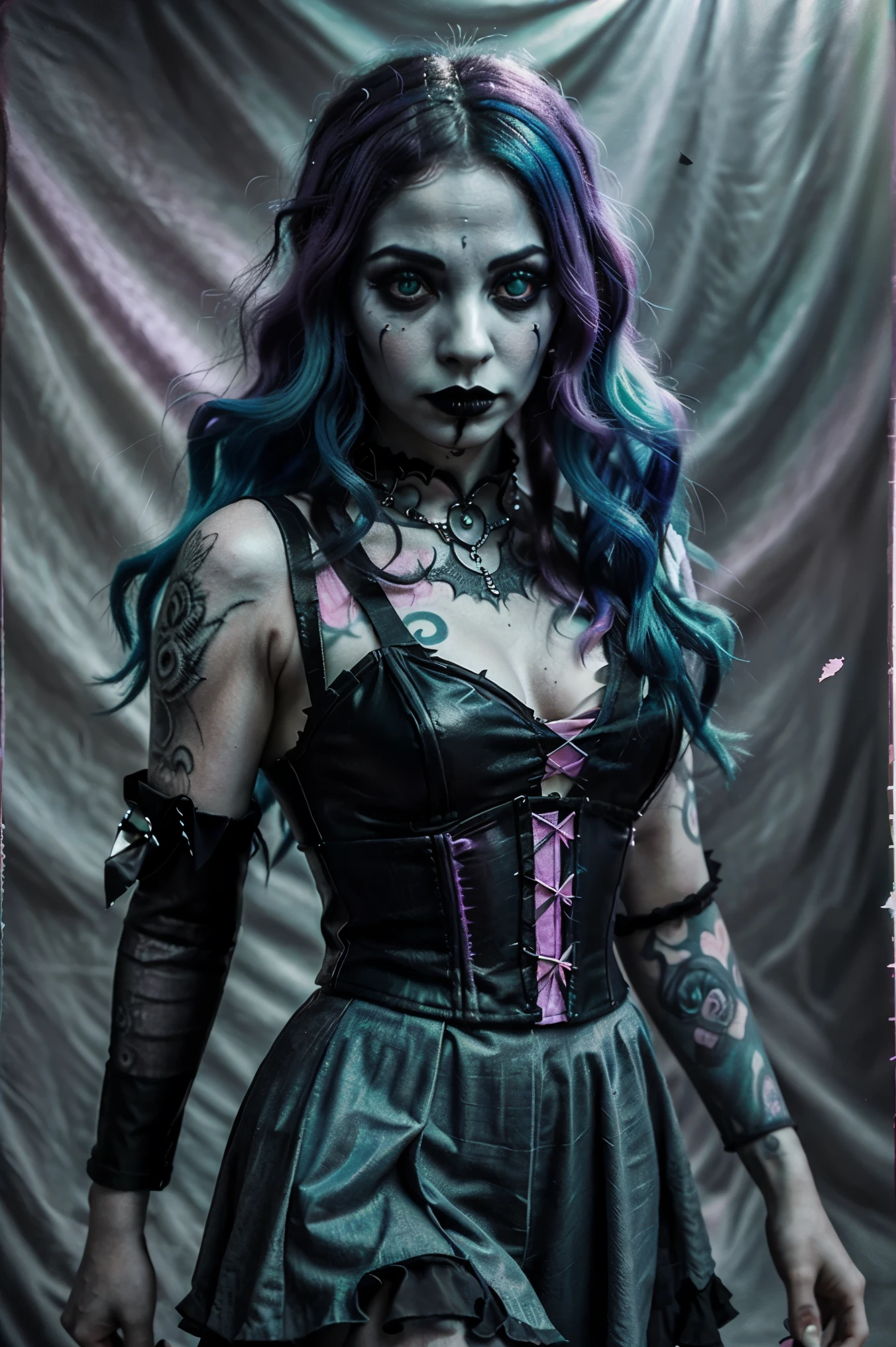 Create a hyper detailed photograph of a Beetlejuice tattooed young sexy Lydia Deetz, Stunningly perfect gorgeous face, perfect makeup, detailed vibrant eyes, long hair, beautiful perfect, perfect beautiful perfect arms, realistic torso, detailed silky smooth skin, big breast, perfect round ass, Beetlejuice sexy seductive lace thong, back to camera looking forward,