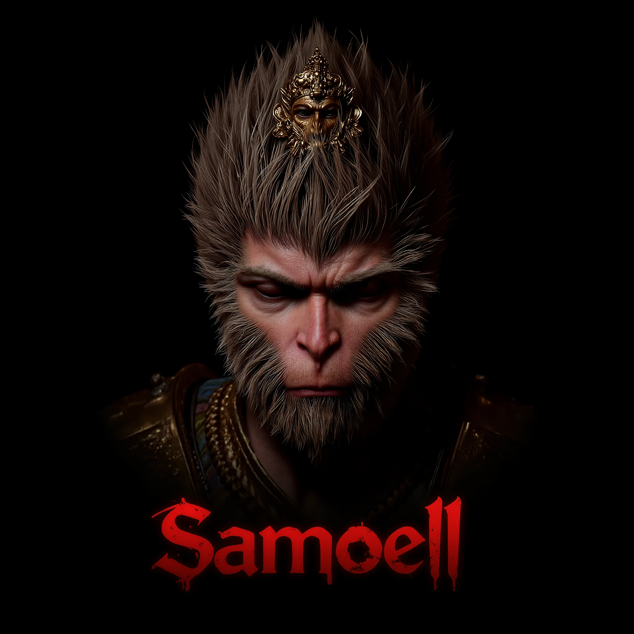 Create videogamer logo , for the name of the gamertag the text reads "Samoell ". red and black writing colors, shadows, I need the gamertag name under , of character 1 black man , on one side of his face he is wearing half a gorilla , exposing half his face and on his head he wears the crown of an Egyptian pharaoh. Background should be black , while the logo is neon yellow & x} highlight ungu