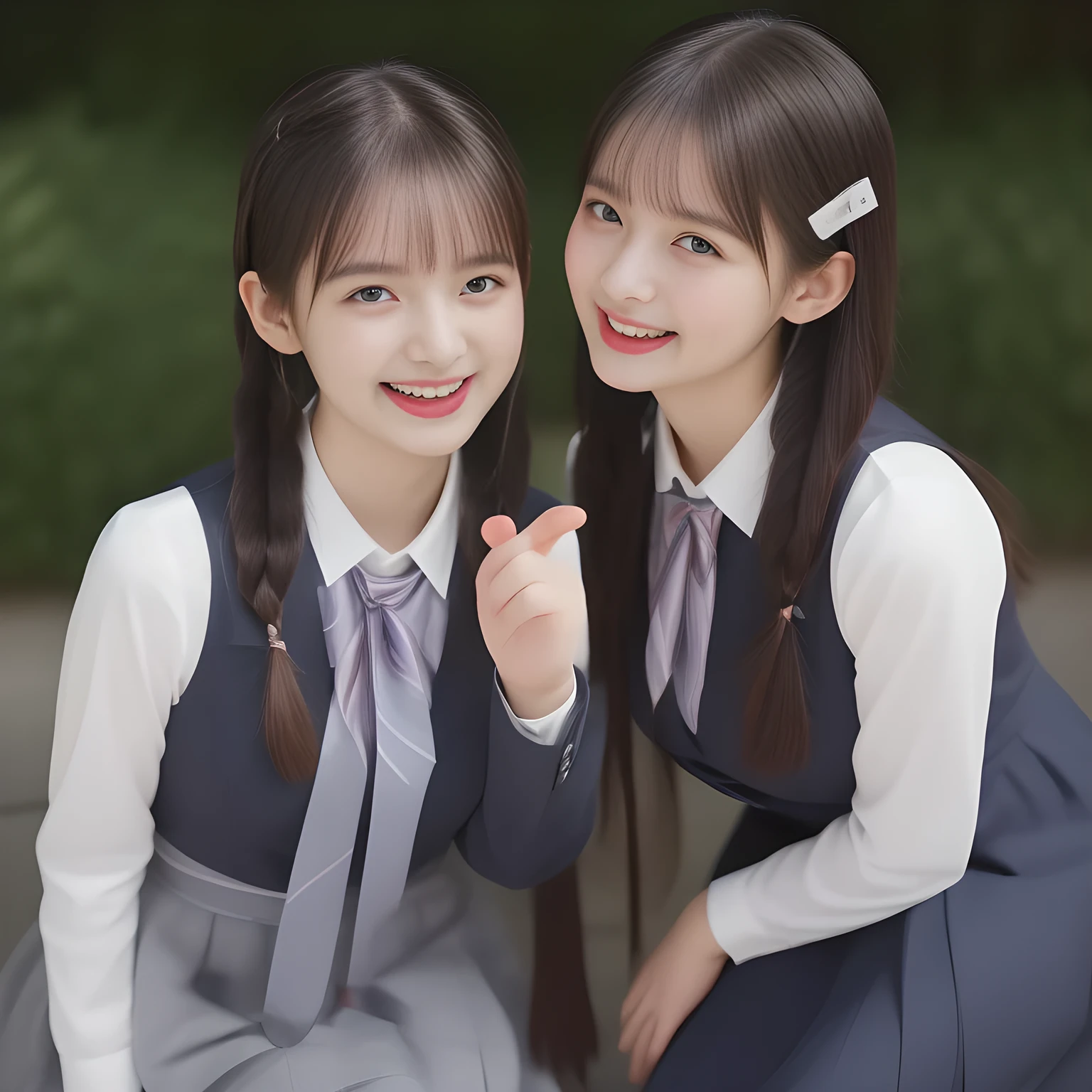 (highest quality, masterpiece, high resolution:1.2), 4K, (Photo quality detailed foreground: 1.2), geometry, (Too-beautiful (talented beautiful succubus yo twins) are (pulling psychological subliminal pranks on me together) to (console me sexually) and make me fall into highest pleasure and come up to me. Cute noble very-long-wavy-hair Japanese young photo model are seated on the viewer and can't stop kissing the viewer and looking at the viewer with her too beautiful eyes like laughing fashion model: 1.5), (Using expensive face-whitening cosmetics to make her skin more beautiful and pure by professional makeup artist: 1.5), (devious seducing fascinating laughter in bliss, devious girlish pose: 2.0), Laughing cutely, ((dark-blue Japanese school noble feminine pleats skirt) with (neat very-seducing light-yellow blouse), seducing (gorgeous ribbon tie), puffed short sleeves: 1.2), (white socks and school loafers, kicking back: 1.5), (Dark blue glossy glossy school ribbon on the breast: 1.0), (Extremely laughing cheeks: 1.8), (Beautiful light-amber large clear open eyes with balanced and detailed cutely: 1.8), (double eyelids: 1.0), (highly curled bangs: 1.2), (Glossy lips: 1.0), (too long neat braids hair reaches her hips: 1.7), (Gorgeous heart earrings and rings), (white skin, beautiful girly eyes, face close shot: 2.0), (Laughing cute princess's eyes looking at me: 0.8), (Very cute, pretty, seducing National Beautiful Girl Grand Prix winners like in a dream of succubus: 2.0), (Everything indicates they are from high-society, fully satisfied and having emotional leeway, expensive accessories, girly neat dark-colored ribbon tie: 2)