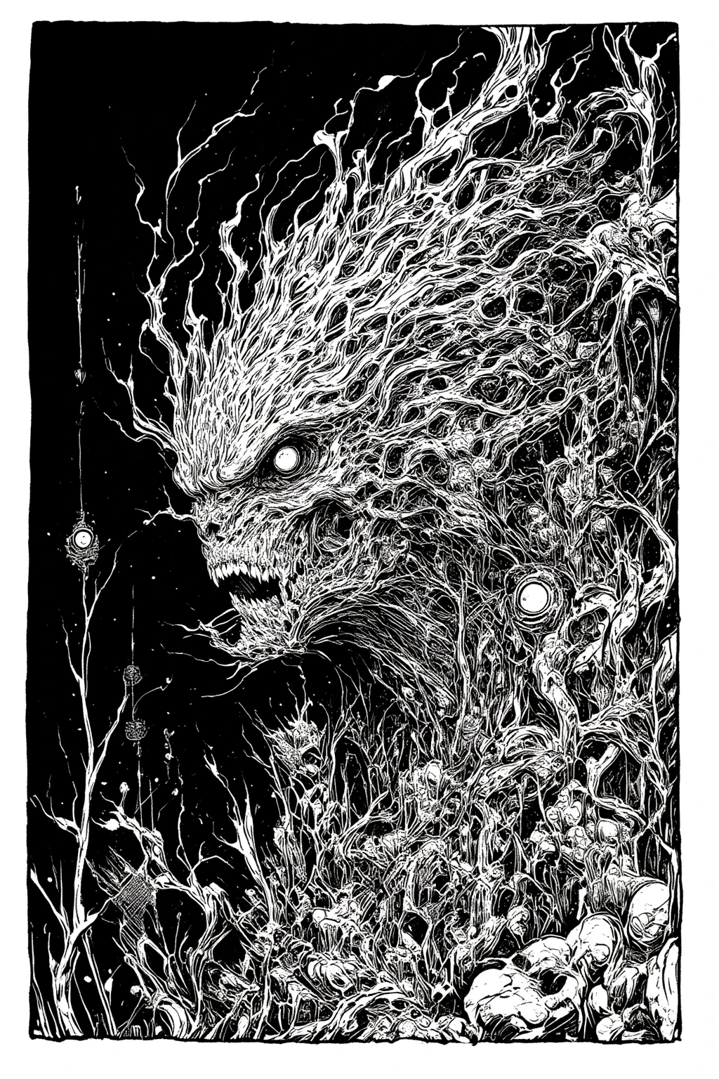DREAD, masterpiece, lineart, monochrome, body horror, gothic, horror, surreal, terror, fear, despair, cosmic horror, eldritch, lovecraftian, visceral, tentacles, nightmare, hell, demonic, monsterous humanoid, fantasy, dreamlike, dramatic <lora:animeLineartStyle_v20Offset:1>