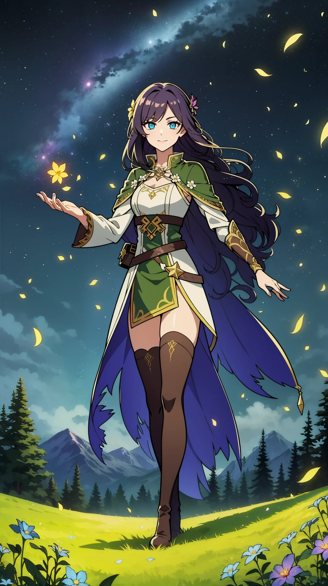 (high-quality, breathtaking),(expressive eyes, perfect face) portrait, 1girl, female, solo, young , black hair, pink eye color, long hair length, soft wavy hair, gentle smile, loose hair, side bangs, looking at viewer, portrait, full shot, happy expression, ribbon in hair, flower in hair, fantasy clothing, elegant, mature, height 4"3, adventurer attire, druid attire, warlock profession, short height, Dungeons & Dragons character, jacket, dress, cape, Firefly Honkai Star Rail Character, flower petals, Firefly, starry sky, dawn in the distance, shooting stars, backgroound, flower field, scenary, cloudy sky, grass, trees, flower petals, leafs, white flower, field, blue flower, standing in field of flowers, boots, black thigh socks, druid, plant muse
