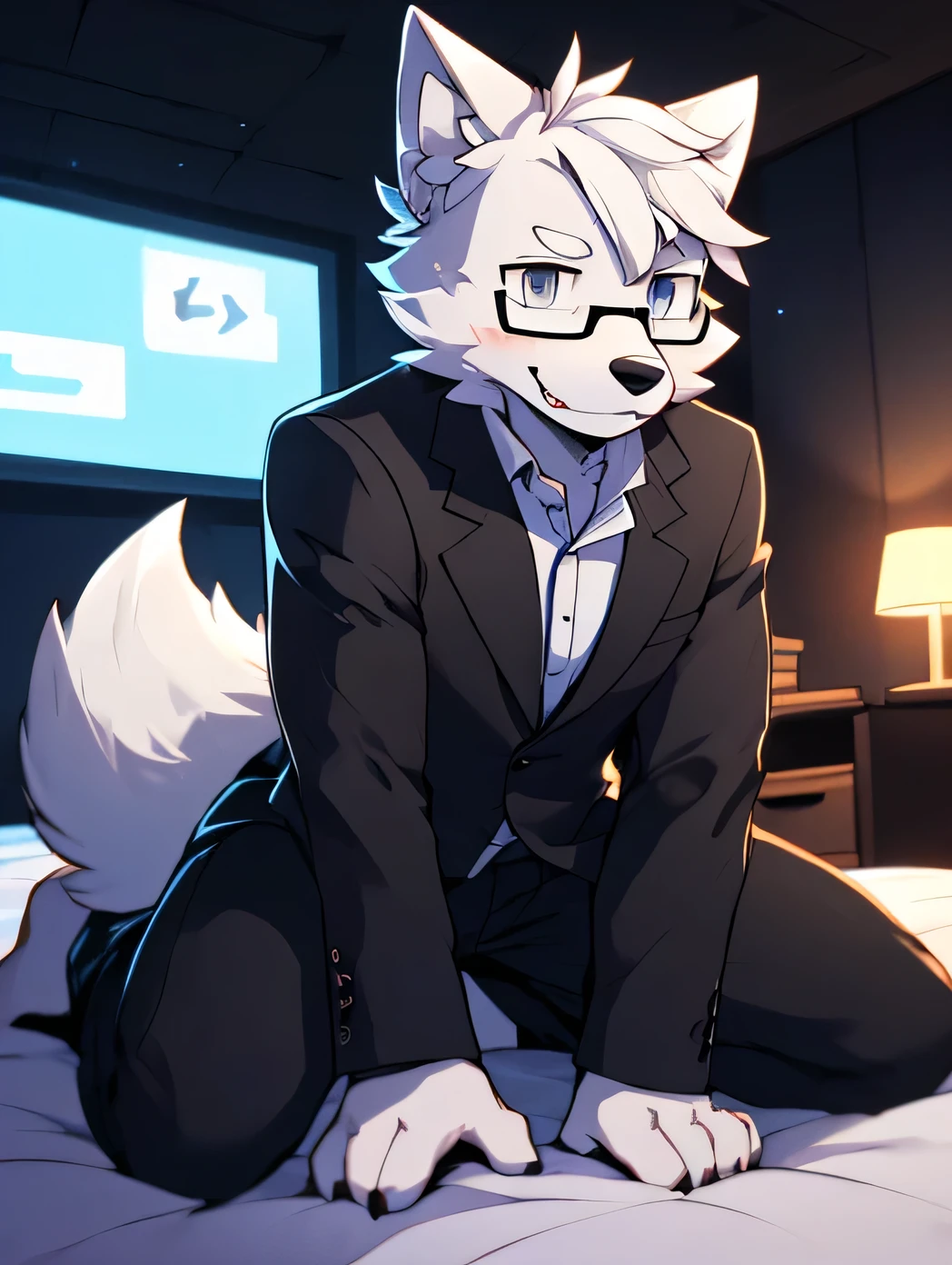 A tall, fierce-faced, white furry wolf, wearing glasses that reflect the cinematic lighting of the place, an image of his abdomen sticking out, a fit body wearing old-fashioned black clothes that refer to the Noir themed movies , Strong lighting and good artistic stroke Being a soft digital art, with an artistic style from the game Changed Special Edition, he smiles at the camera with a face full of emotion with his body leaning in his chic suit(Dark environment: 0.8), Masterpiece, High quality, Pass the thick snack, yes, Kiyoyama, (Hana charcoalo, Fluffy and soft, Character Focus: 1.1), Hana charcoalo Male dog, Short hair, Portrait , Bright eyes, Wide angle view, Character Focus. (Detailed background: 0.7), alone, hairyhairyMale, focus man, Hana charcoal, (Full body hair, hairy tail, Blue and grey of fur, gray eyes, white hair: 1.2), (dog, Hacker), (nighttime, room, Electronic screen: 1.1) Black pants, charming, Lying on the bed, (Cyberpunk style, Blue and white color of the shirt)"Kneel,3d