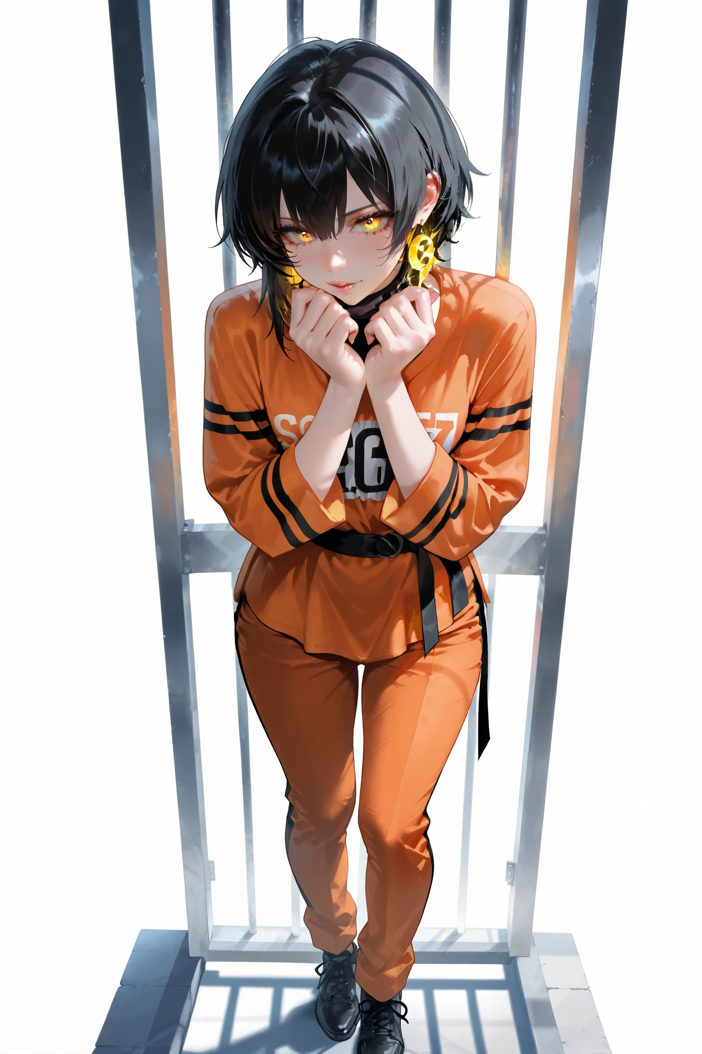 EyesHD:1.2),full body, locked up in prison, behind bars, masterpiece, best quality, ultra-detailed, very aesthetic, sharp focus, yellow eyes, black hair, newest, intricate details, seductive, amazing, soft, colorful, yellow eyes,black hair, earrings, orange prison clothes, Glowing eyes, High-definition eyes, Ultra HD eyes, Super HD eyes, Hyper-realistic eyes, Crystal-clear eyes, (beautiful detailed eyes), Textured eyes, Defined eyes, Colorful eyes, Bright eyes, Stylistic eyes, stunning eyes, Cinematic eyes , white background,