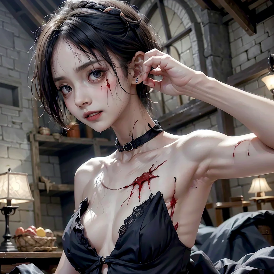 dead man with vampire fangs, vampire with fangs in blood, long fangs from the mouth, opened mouth, SINISTER, woman's, Thin, Pale, looking at the camera, full - body, in full height, Dynamic posture, ultra realistis, full detailed, Cemetery environment, light eyes, whitedress, torn and stained with blood, Exposure of bones, putrefactive wounds,, Sensual, terrific, bruises on the body, open clavicle fracture, slight smile, Super detailed, black short hair, Blood and wounds,