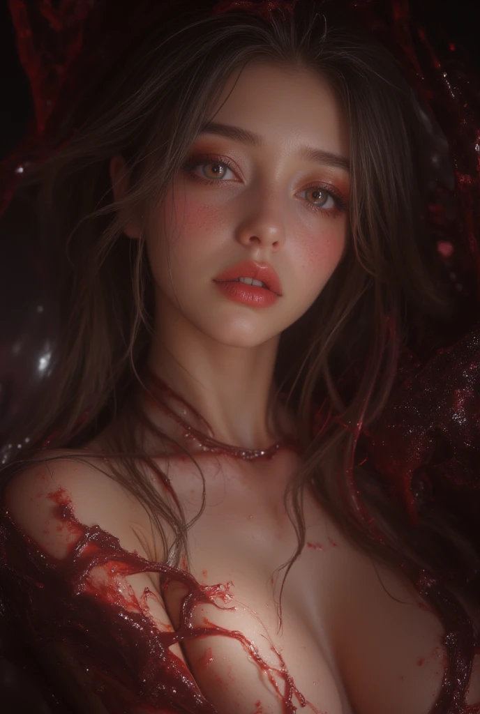 Succubus character, Devil horns, Realistic, Abyss scene, Very beautiful face, Very fine grain, Red glowing eyes, Pink long hair, Sexy Body, Large Breasts, Big Ass, Detailed skin,lots of red gems, Sensual lighting,((( She is being made to cum)))