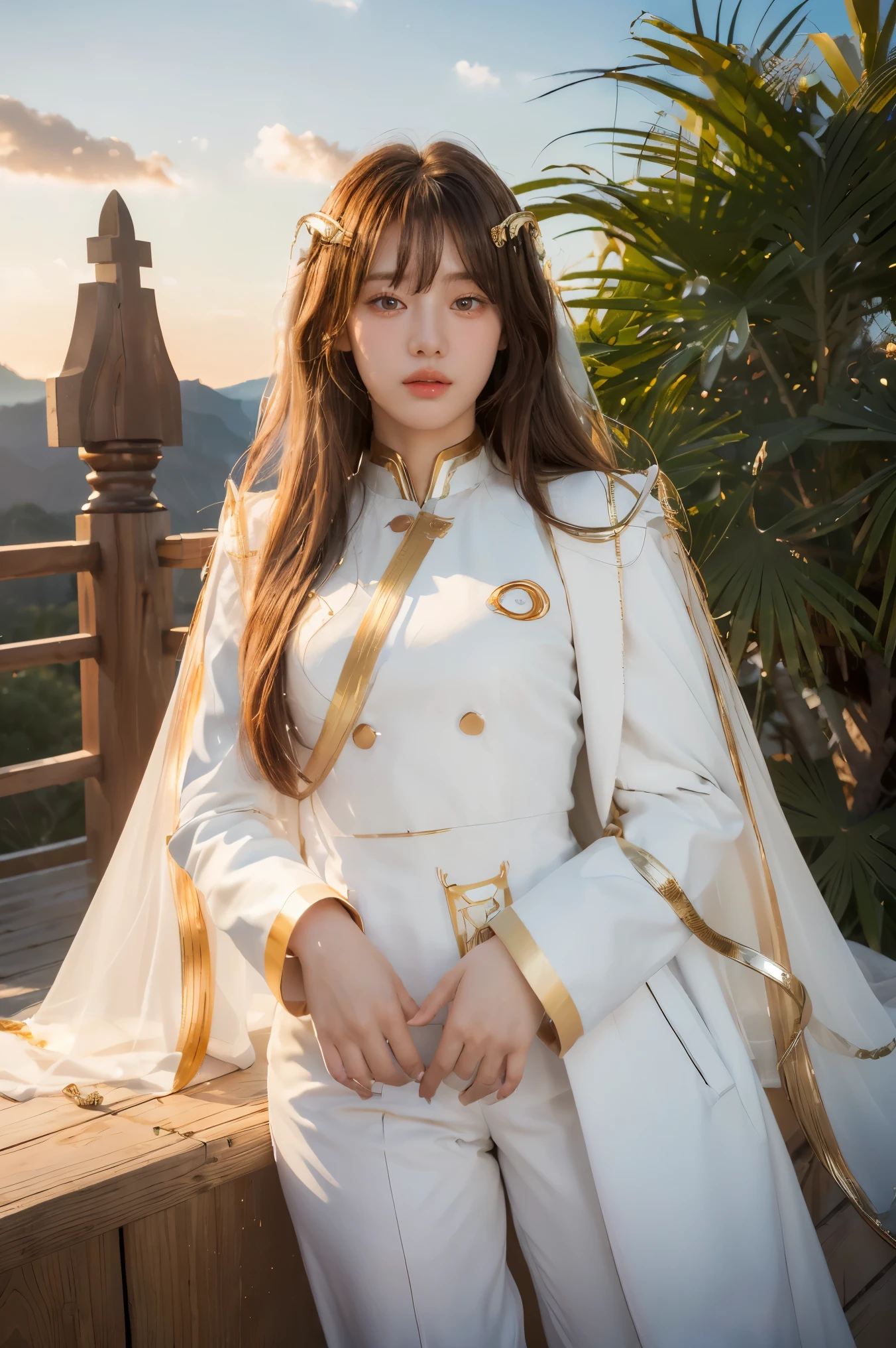 ((masterpiece, best quality, Extremely detailed), Volumetric Lighting, Ambient Occlusion, rich and colorful, Luminescence), 1 Girl, Solitary, Young Girls, (Chestnut bangs), Long hair, Halo, Halo, sacred, goddess, Priesthood, (White suit with gold details:1.3), armor, outdoor, Sunset, Sky, cloud, space, (Fantasy theme:1.2),