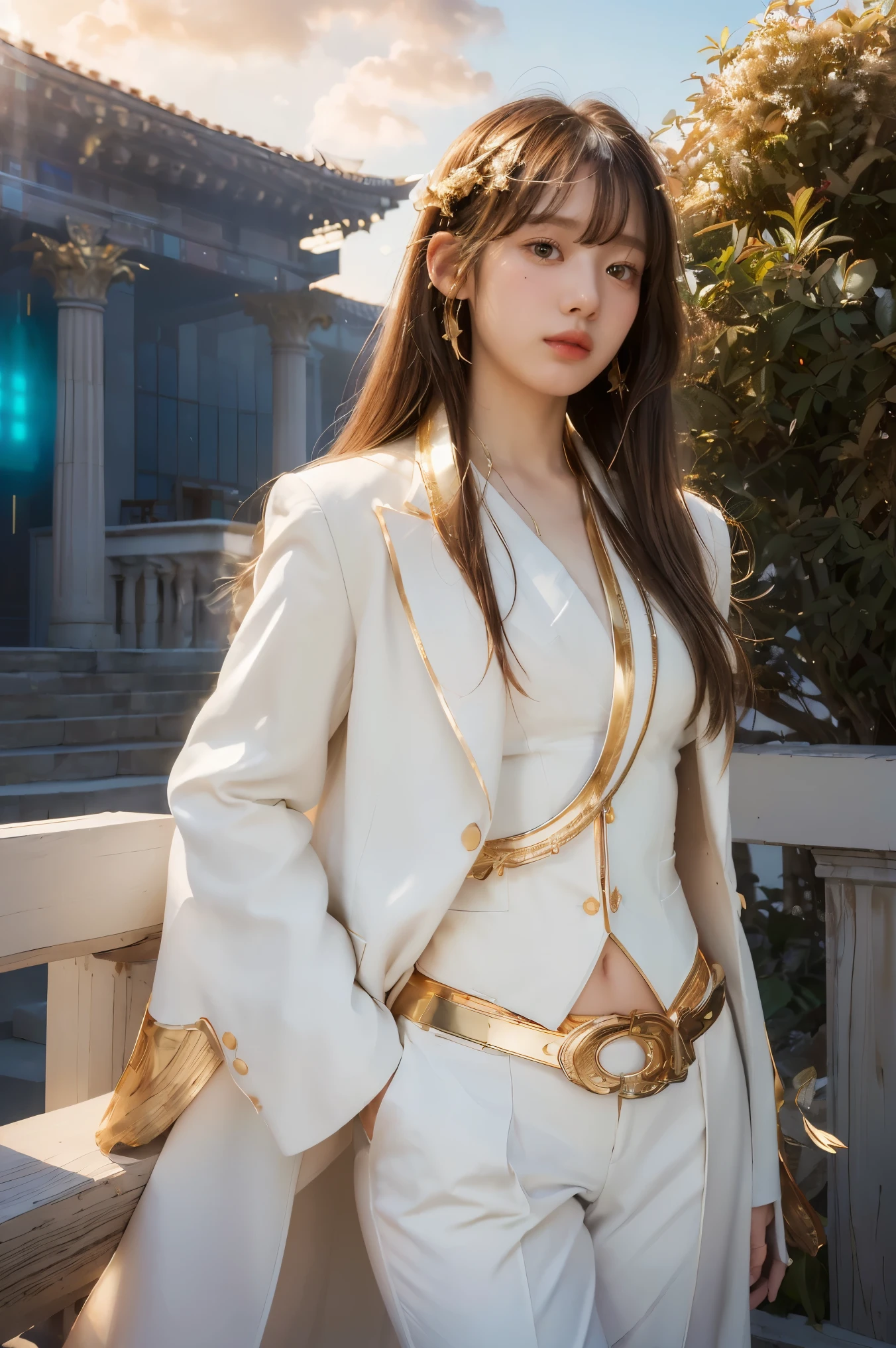 ((masterpiece, best quality, Extremely detailed), Volumetric Lighting, Ambient Occlusion, rich and colorful, Luminescence), 1 Girl, Solitary, Young Girls, (Chestnut bangs), Long hair, Halo, Halo, sacred, goddess, Priesthood, (White suit with gold details:1.3), armor, outdoor, Sunset, Sky, cloud, space, (Fantasy theme:1.2),