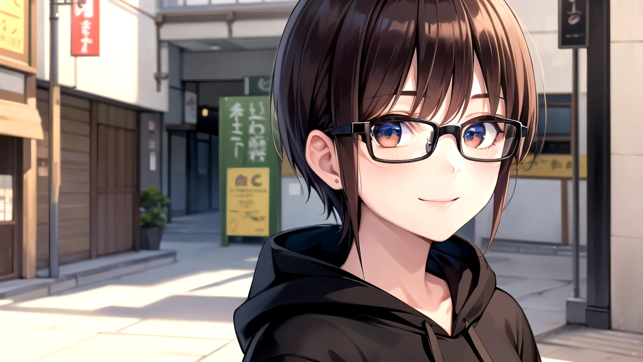 top quality, 16k, High Definition, 1girl , showing upper body , black shorthair ,( beautiful detailed face), brown eyes, smile,20generation, Precise and beautiful streets of Japan, Moderate bust, hoodie, Glasses