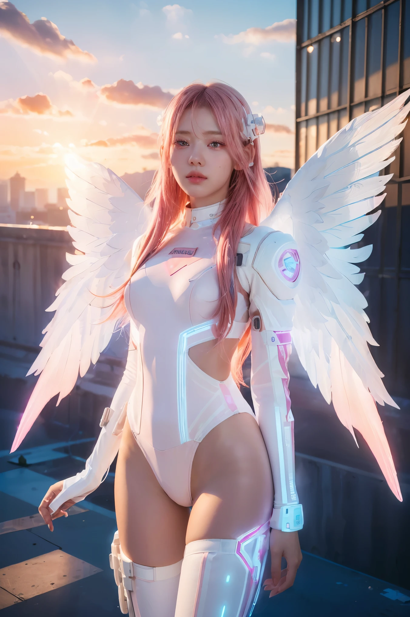 ((masterpiece, best quality, extremely detailed), volumetric lighting, ambient occlusion, colorful, glowing),
1girl, solo, young girl, (pink hair), long hair, halo, aura, sacred, godness, cyber suit, (white outfit:1.3), android, bot, angel wings,
outdoors, sunset, sky, clouds, space, (cyberpunk theme:1.2),