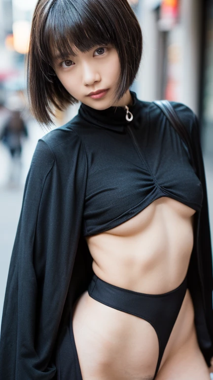 (8K、RAW Photos、Highest quality、masterpiece:1.2)、(Highest quality、Realistic)、1 Girl、((レザーガーターbelt、Side Ponytail、Tube top、Arm Covers、Ninja costume、mini skirt、black、tights、Belly button、Gloves、belt、ribbon、See-through、Thin legs、whole body、boots、City of night、View from the front、Looking into the camera、Stand with hands on hips))、cute