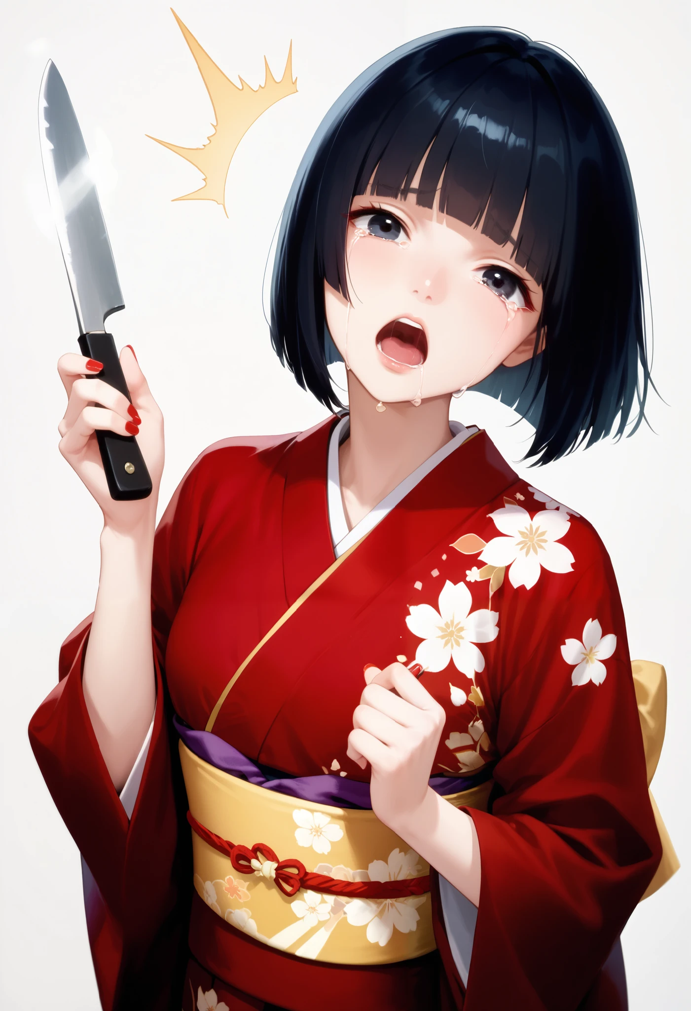 score_9, score_8_up, score_7_up, (1girl, solo), upper body, (black short hair, bob cut, blunt bangs), (black eyes, crying, tears), (open mouth, shout), (Japanese clothes, kimono, floral print, sash, long sleeves, obi), head tilt, holding cooking knife, (nail polish, red nails), (simple background, grey background)