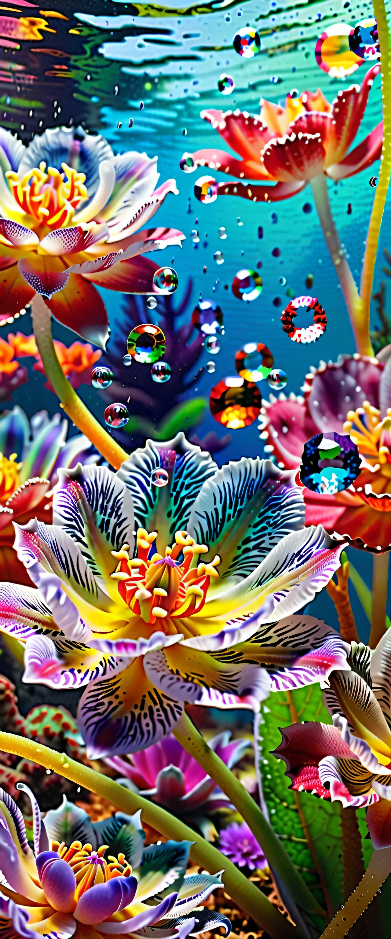 masterpiece，4k，Intricate details，Sharp focus，
Macro lens，Underwater scenery，Realistic aesthetics，Beautiful 3D 4K compositions，Colorful 3D crystals，Inspired by Daniel Merriam&#39;s microscopic photos on Flickr，Digital Artwork，Ray Tracing，Bright light refracts magical colorful flowers，Colorful crystals underwater，ethereal rainbow bubbles，Colorful crystals，Fantasy Mandelbrot flower，Colorful spotty fish。