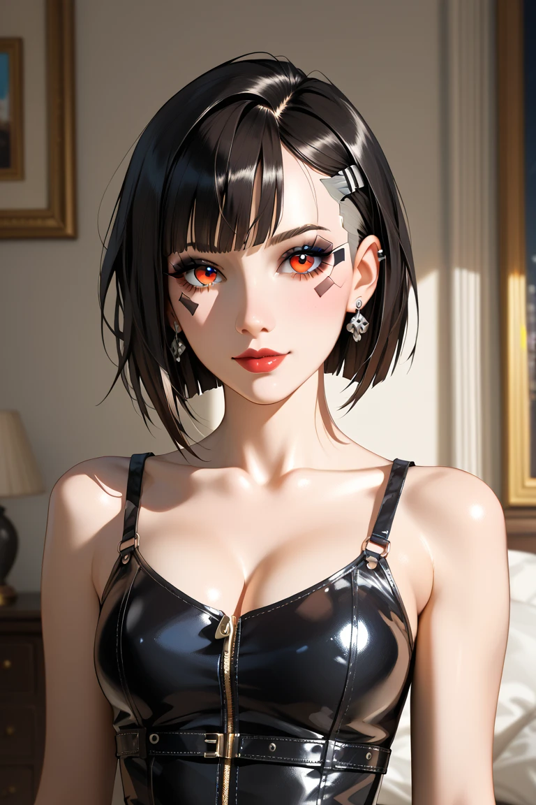 masterpiece,Best Quality,Highly detailed,1girl,Metallic White Silver tanktop,latex,Black Hair Bob,Red Eyes,red accent color