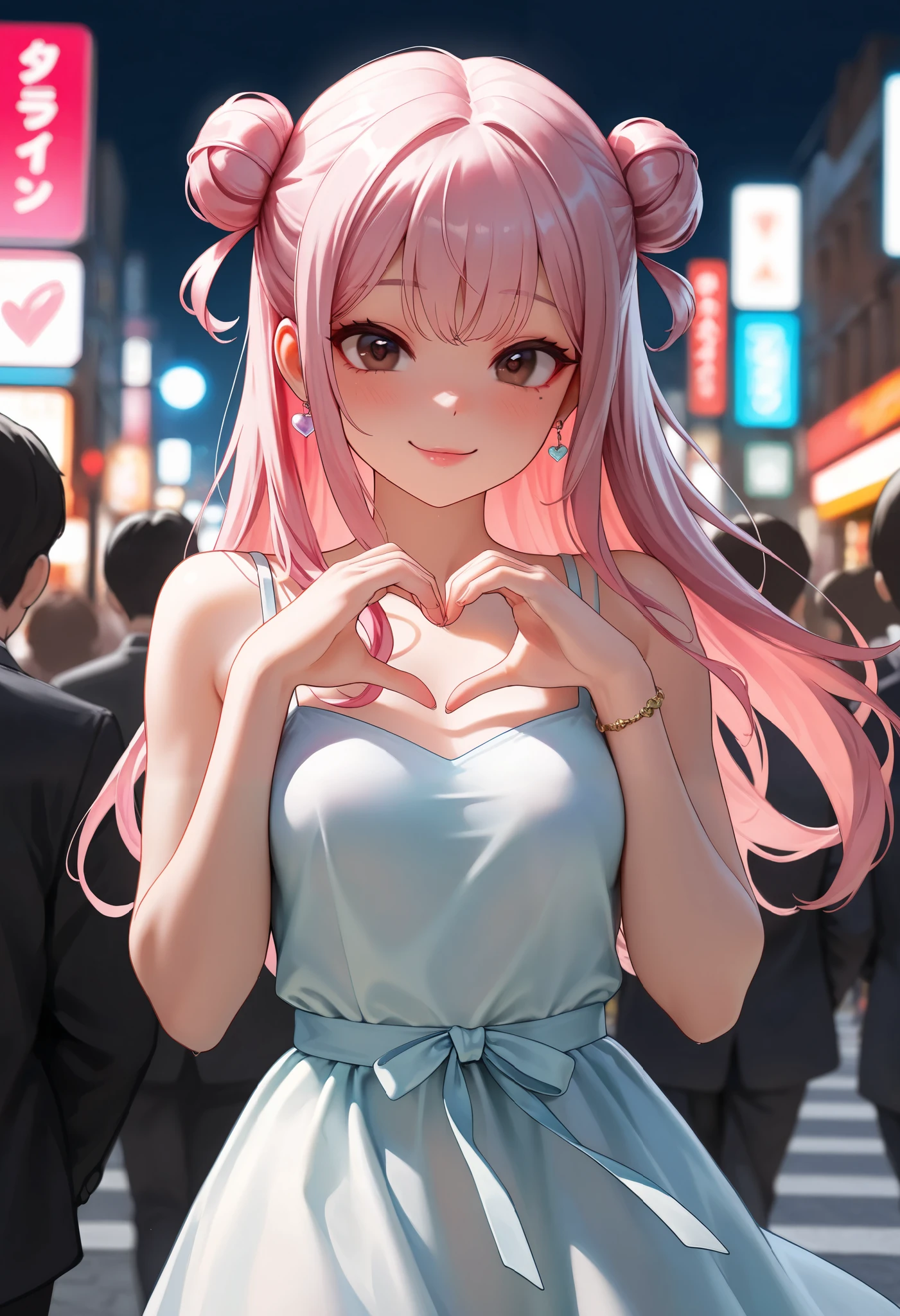 (((Highly detailed, sharp detail, vibrant colors, masterpiece, ultra-realistic, 8K, 4K, cinematic lighting, Extremely detailed, perfect hands, detailed eyes, absurdres, hires, highres, good hands, detailed hands, detailed background, detailed clothes, extreme detail)), (A 18-year-old young Korean female, K-pop idol, Korean idol, Very Fit, toned, and slender figure, (((((Very short Korean female standing at 147 cm tall))))), Heart-shaped and youthful face, Full lips, super cute and beautiful, cute and youthful face), (Small perky breasts, underneath clothes), Cute and relaxed pose, ((Wearing a flowing sundress with cute patterns, effortlessly attractive, Expressive brown eyes, pink lip gloss, minimal makeup, Simple jewelry, short layered pastel pink hair in soft waves in a bun style, strands framing face)), ((Girlfriend themed)), (Seoul background, Busy streets, Lots of people, Sunny day), Walking down street, Cute and happy expression, JK, 