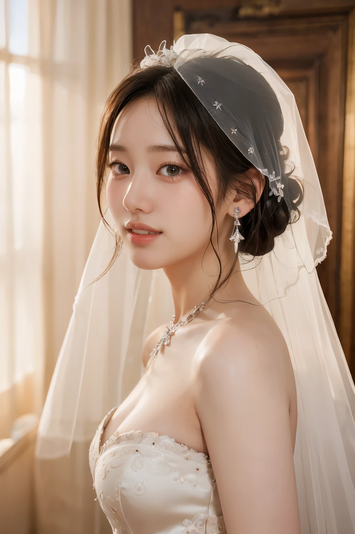 (Masterpiece), best quality, highest quality, highly detailed CG unity 8k wallpaper, original, high resolution, (depth of field: 1.5), fidelity: 1.3, breasts, bride portrait style, 1 girl, curtains, veil , bridal veil, wedding dress, curtains, jewelry, solo, earrings, teeth, bride, black_hair
