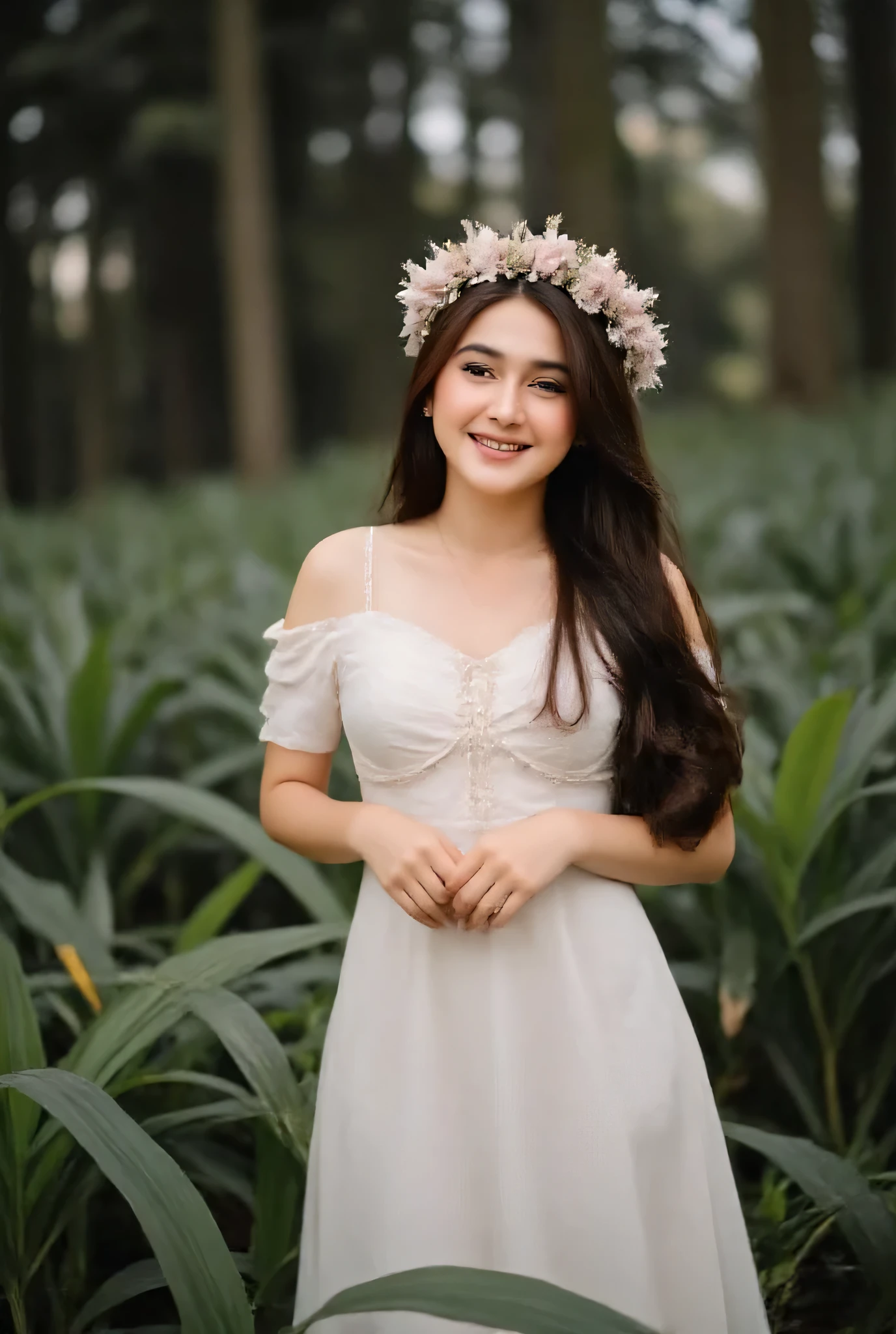 1girl, high detail, 8k, best quality, A beautiful young indonesian woman with dark brown long hair wearing a flower crown, big breast 1.8, saggy breast 1.5, curvy body, slim waist, wide hips, perfect body, standing in the dark forest barefoot, with a little sunlight shining on her body from between the trees, yellow leaves falling, her eyes focused on the camera, a faint smile, surrounded by a sea of green leaves. She is wearing a thin white dress hair and dress blowing in the strong forest wind, the dress really suits her character covering her curvy body gracefully, dark atmosphere, side back view, dynamic pose. Realistic,