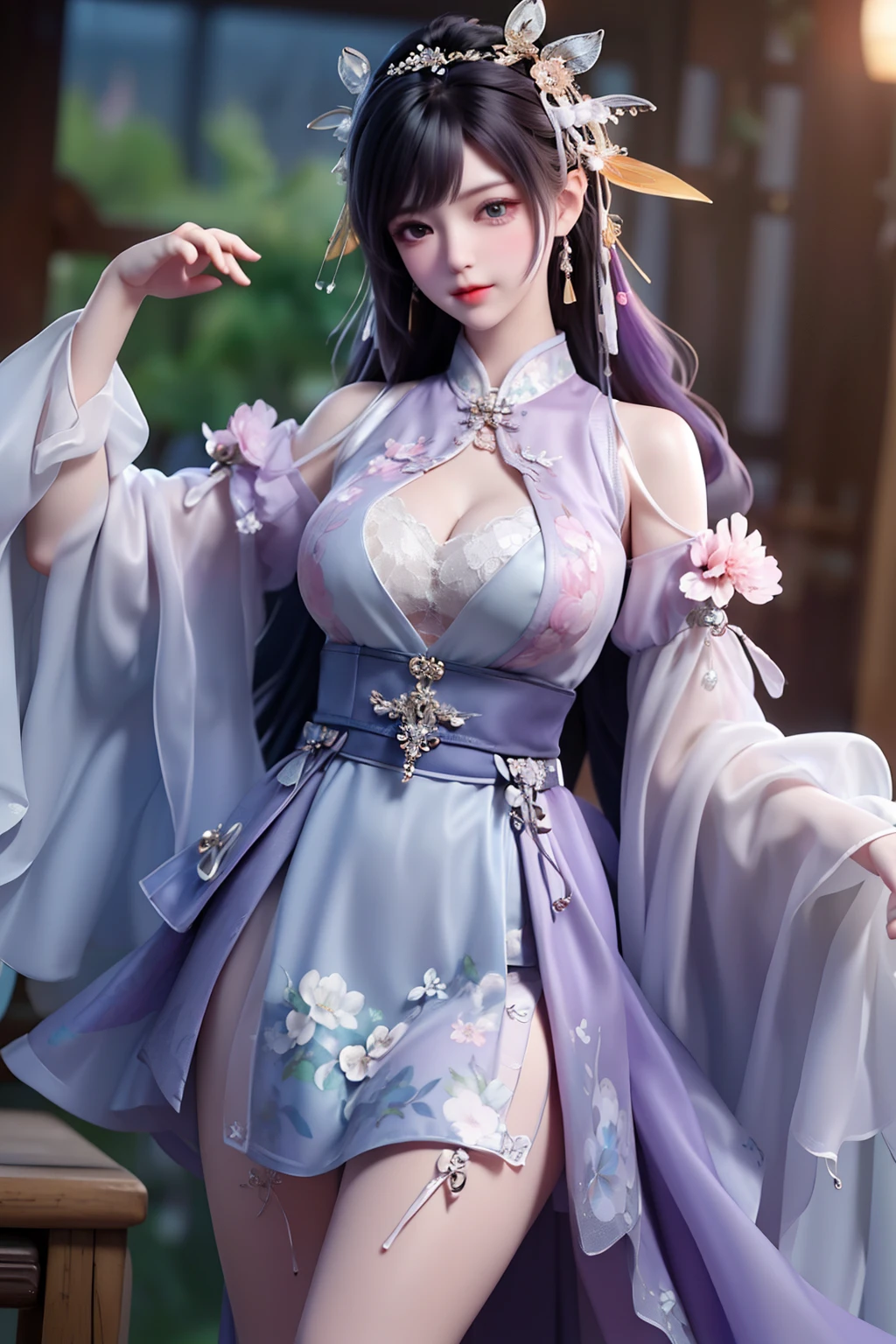 (8k, RAW photo:1.2), best quality, ultra high res,dramatic angle,(fluttered detailed color splashs), (illustration),(((1 girl))),(long hair),(rain:0.9), (Headdress:1.4),There is an ancient palace beside the girl,Hanfu,(Key Points),Color ink painting,(Splash of Color),Splash of Color,(((colorful))),(sketch:0.8) , Masterpiece, best quality, beautiful painted, highly detailed,(denoising:0.6),[splash ink],((ink refraction)), (beautiful detailed sky),moon,highly,detaild,(masterpiece, best quality, extremely detailed） CG Unity 8k Wallpaper，masterpiece，best quality，Ultra Detailed），（Lycoris）. hanfu open v open V-chested clothes Thin silk lace dress , (huge ，cleavage),, white pink and gren，best qualtiy，tmasterpiece，Ultra-high resolution，（Reality：1.4），RAW photogr，（True skin texture：1.3），（filmgrain：1.3），（Selfie angle），1个Giant Breast Girl，Beautiful eye and face details，tmasterpiece，Best quality at best，，The chest more exposed， detailed hair, bra purple and green , detail 8k, full body, ignette transparent fabric flower, purple and blue white, fishnet stockings