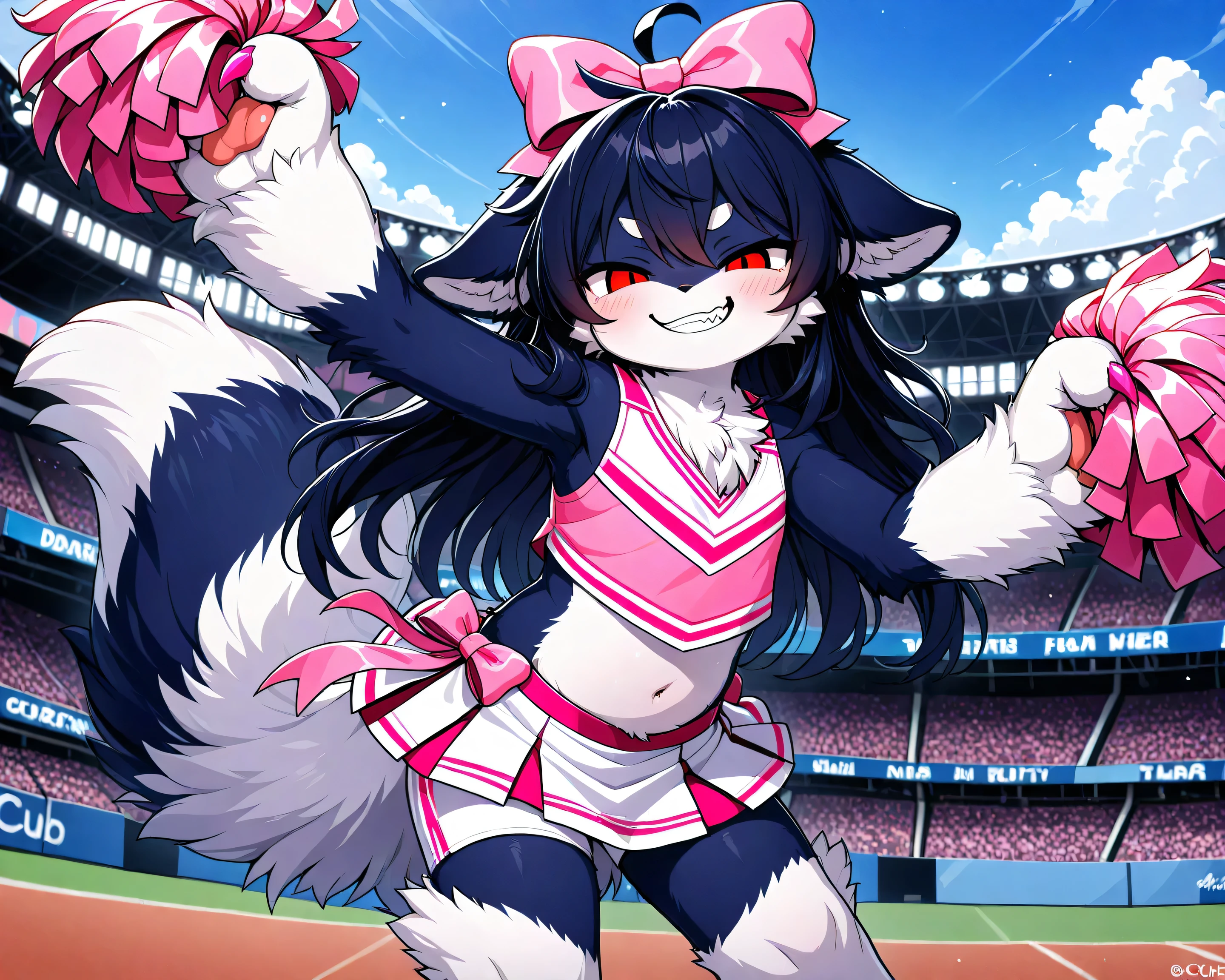 cub, young, dark blue fur, white paws, big paws, big claws, big pink bow in hair, pink claws, big tail, red eyes, eyes squinting, crazy smirk, teeth, cute long hair, solo, attractive body, fluffy fur, ears down, white tail tip, white chest fluff, white and pink cheerleader outfit, wallpaper, stadium, cheering, white shorts under skirt, behind pov